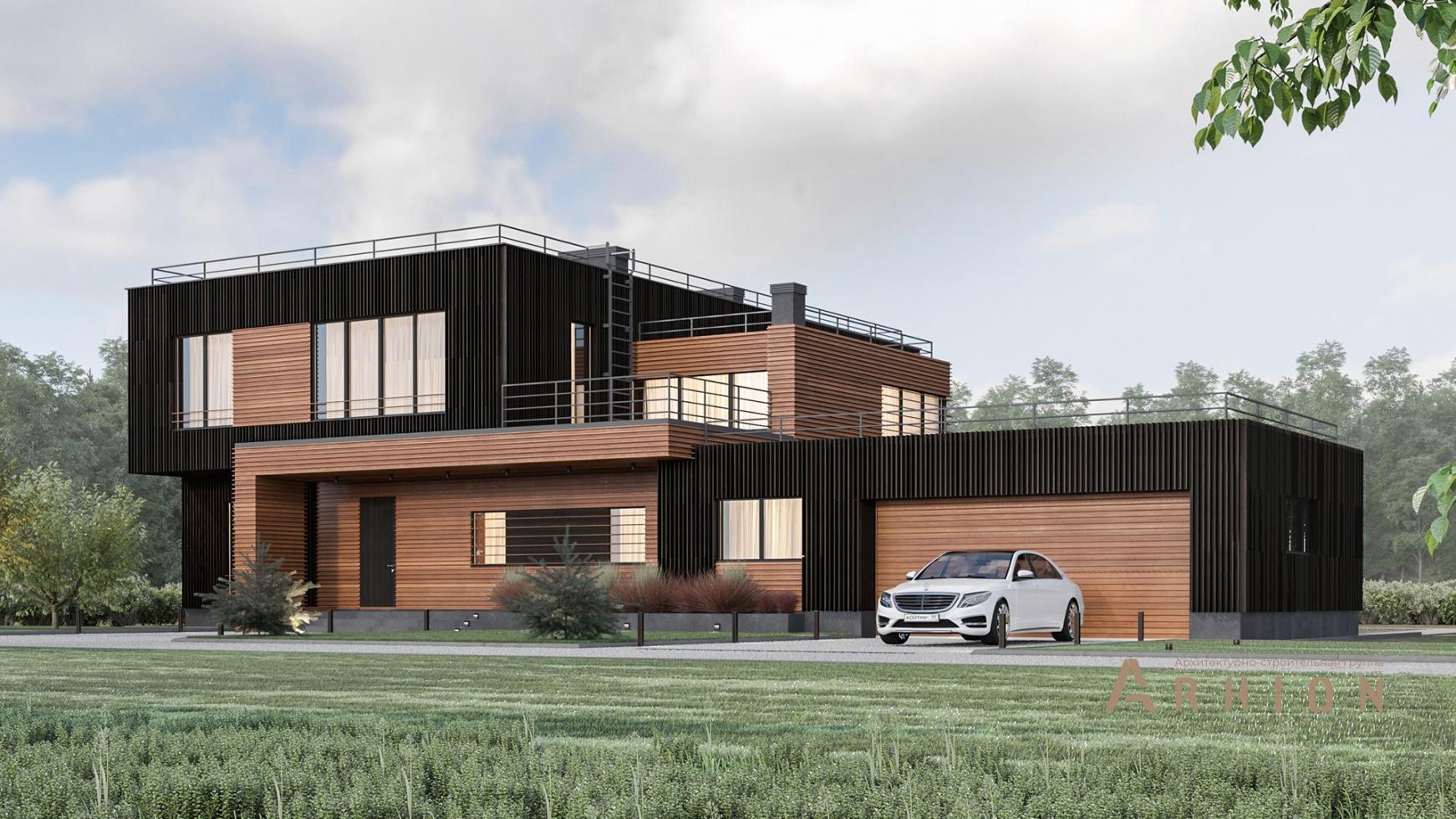 1. Проект двухэтажного дома в стиле хай-тек с плоской кровлей , m-363, площадью - 365 кв c сауной, терассой, балконом, гаражом, вторым светом