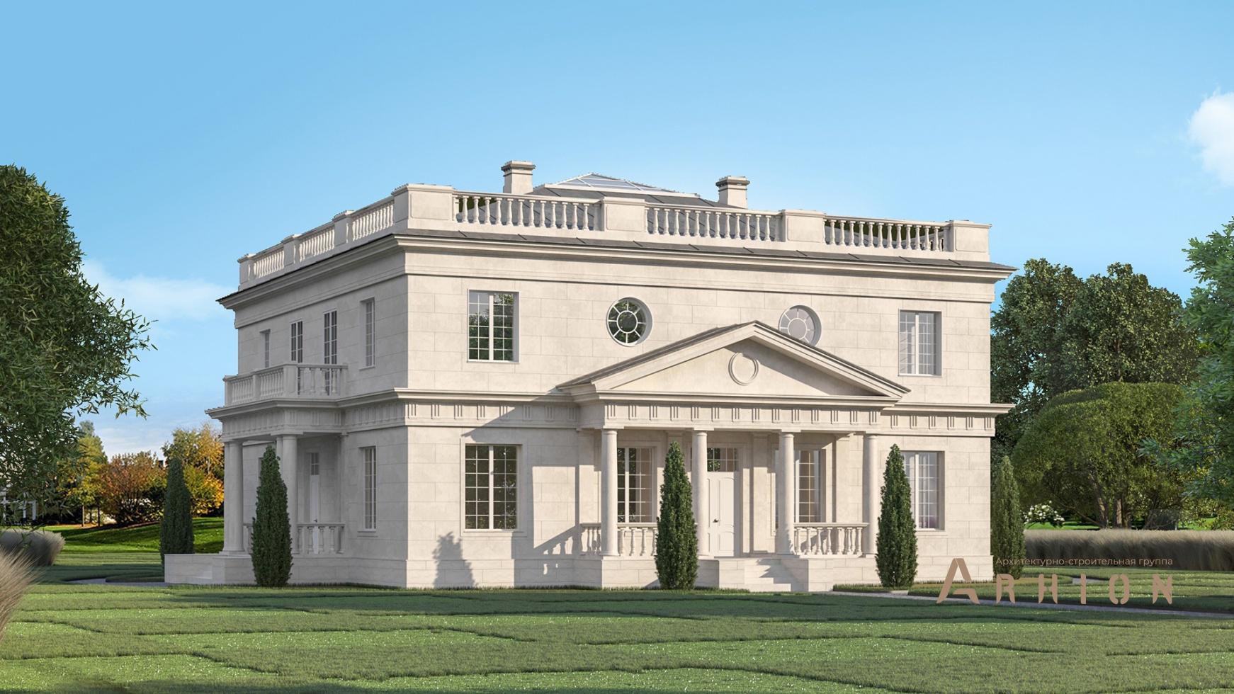 1. Проект двухэтажного дома в классическом стиле с четырехскатной, m-364, площадью - 460 кв c сауной, терассой, балконом