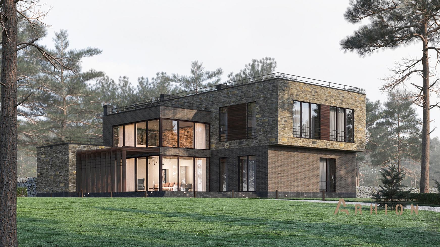 1. Проект двухэтажного дома в стиле лофт с плоской кровлей , m-365, площадью - 335 кв c сауной, терассой, гаражом, вторым светом