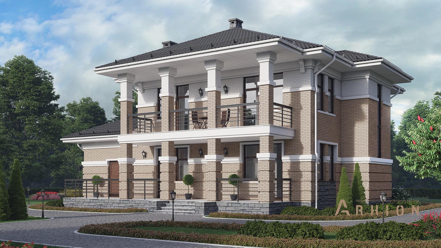 1. Проект двухэтажного дома в стиле Ллойда Райта (прерий) с многоскатной кровлей, M-366, площадью - 255 кв c сауной, терассой, балконом, эркером