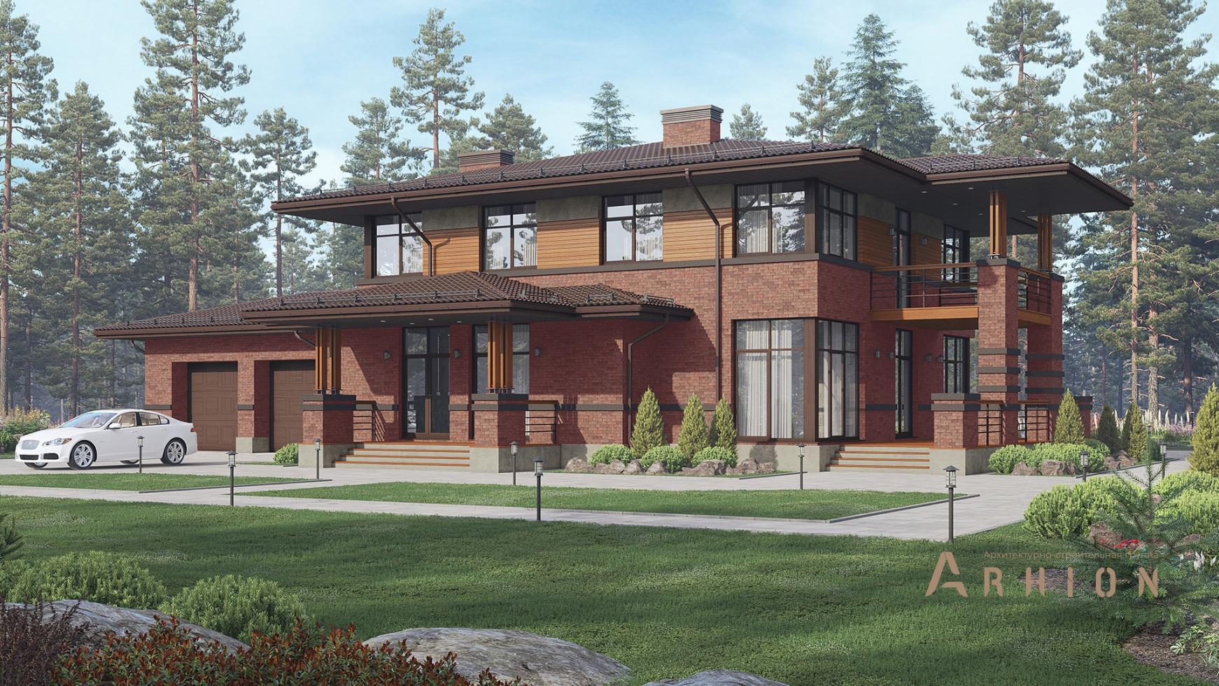 1. Проект двухэтажного дома в стиле Ллойда Райта (прерий) с многоскатной кровлей, m-367, площадью - 343 кв c сауной, терассой, балконом, гаражом