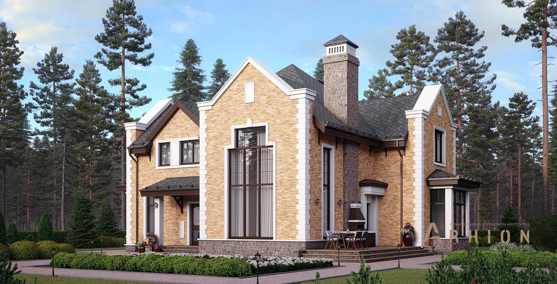 1. Проект одноэтажного дома в английском стиле с многоскатной кровлей, m-368, площадью - 252 кв c мансардой, терассой