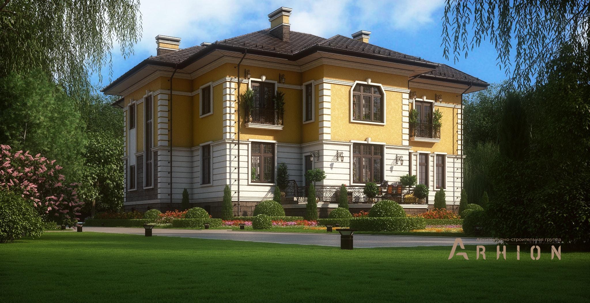 3. Проект двухэтажного дома в современном классическом стиле с многоскатной кровлей, M-369, площадью - 537 кв c цокольным этажом, сауной, терассой, балконом, эркером