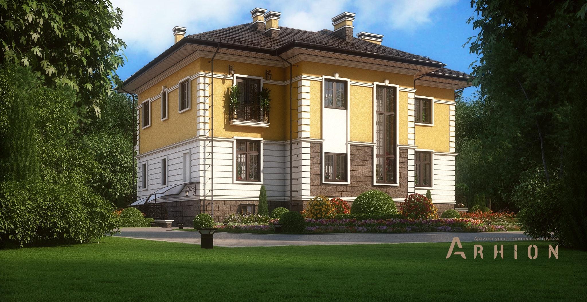 4. Проект двухэтажного дома в современном классическом стиле с многоскатной кровлей, M-369, площадью - 537 кв c цокольным этажом, сауной, терассой, балконом, эркером