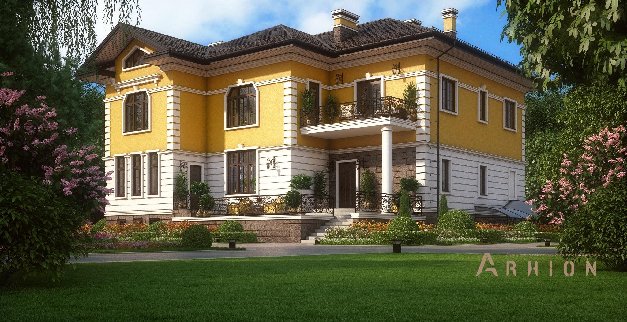 2. Проект двухэтажного дома в современном классическом стиле с многоскатной кровлей, M-369, площадью - 537 кв c цокольным этажом, сауной, терассой, балконом, эркером