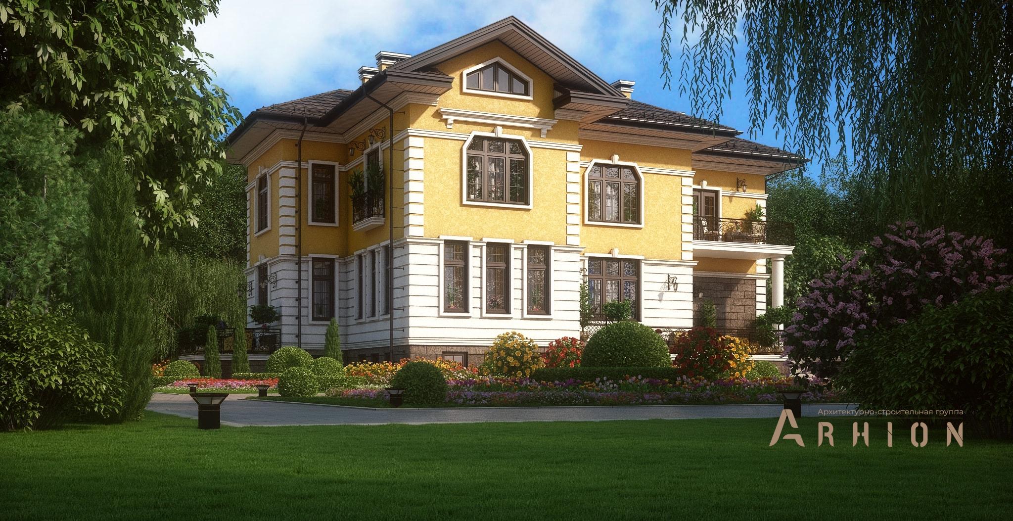 1. Проект двухэтажного дома в современном классическом стиле с многоскатной кровлей, M-369, площадью - 537 кв c цокольным этажом, сауной, терассой, балконом, эркером