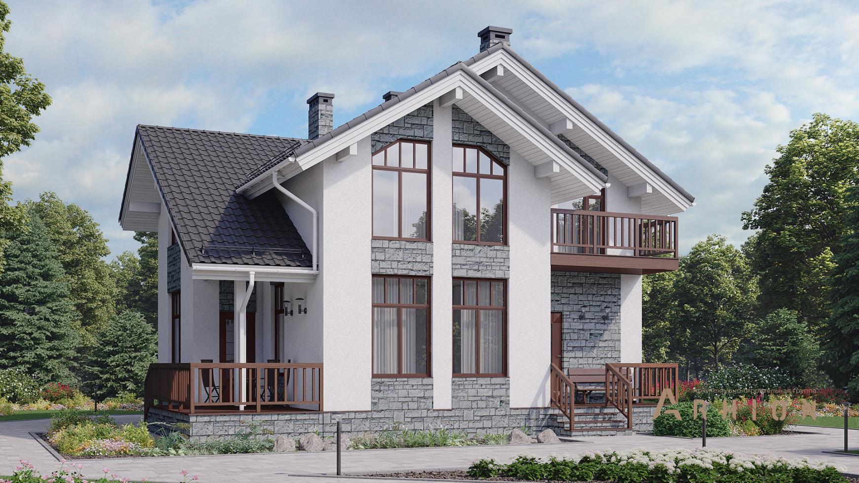 1. Проект одноэтажного дома в скандинавском стиле с многоскатной кровлей, M-370, площадью - 135 кв c мансардой, сауной, терассой, балконом