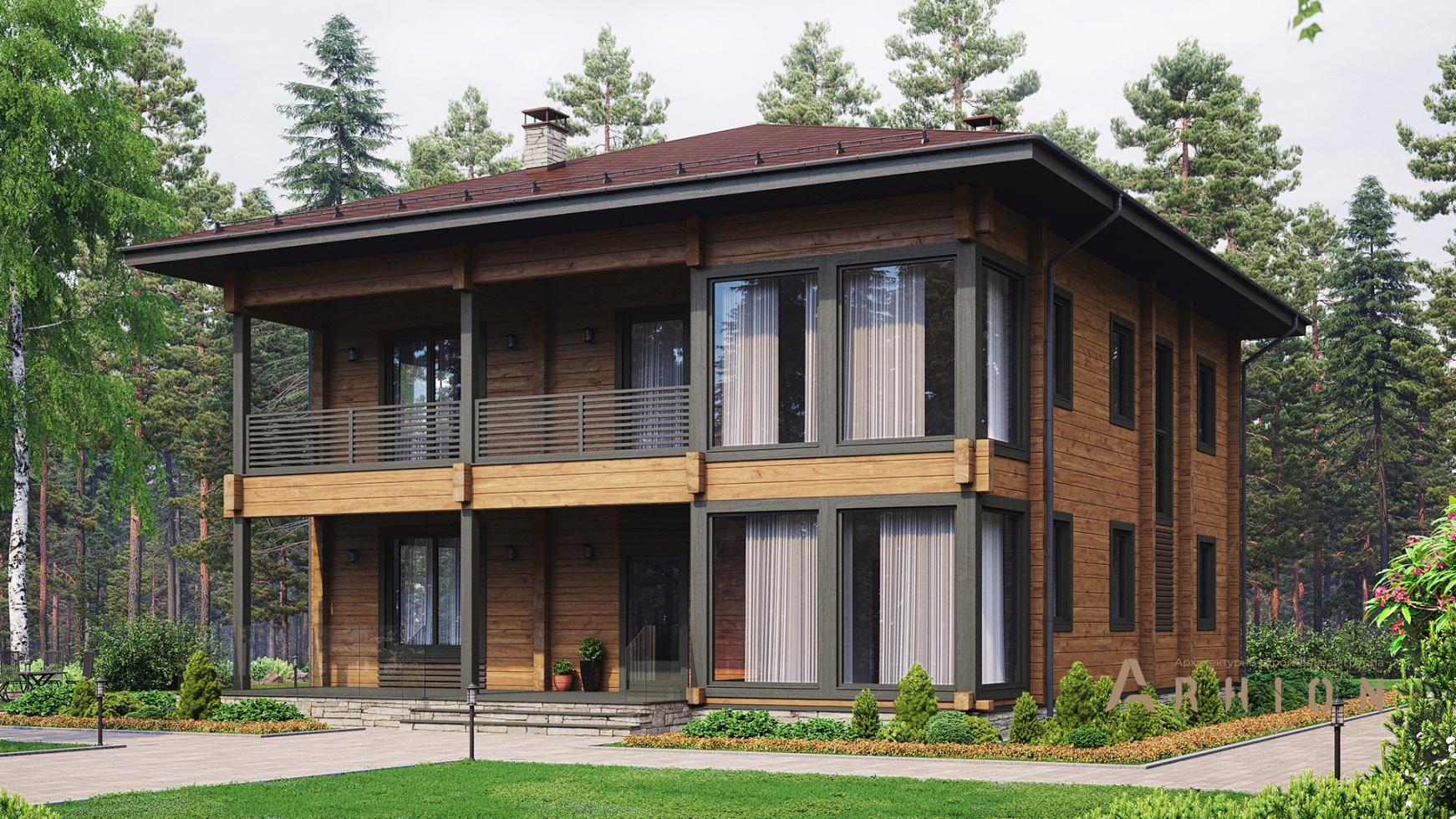 1. Проект двухэтажного дома в современном стиле с четырехскатной, M-372, площадью - 281 кв c терассой, балконом