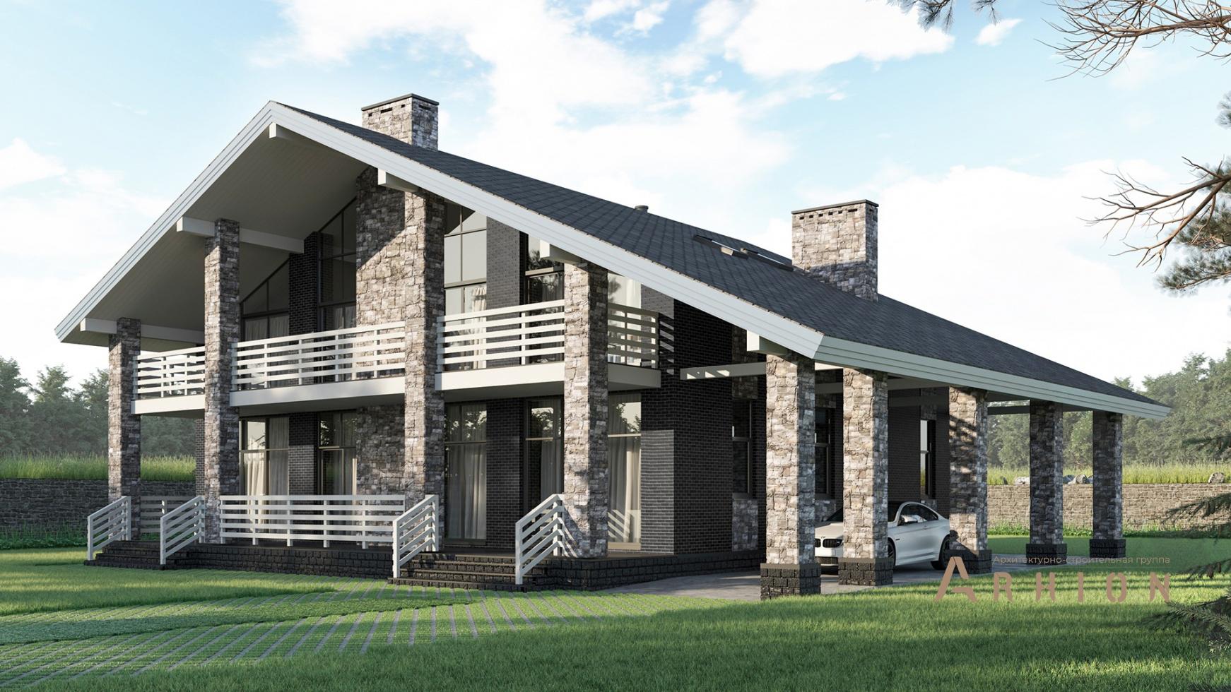 1. Проект одноэтажного дома в стиле шале с двускатной кровлей, m-373, площадью - 269 кв c мансардой, сауной, терассой, балконом, вторым светом