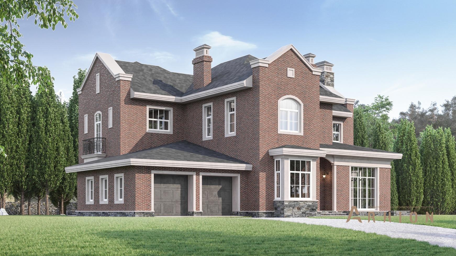 1. Проект двухэтажного дома в английском стиле с многоскатной кровлей, M-375, площадью - 214 кв c терассой, балконом, гаражом, эркером