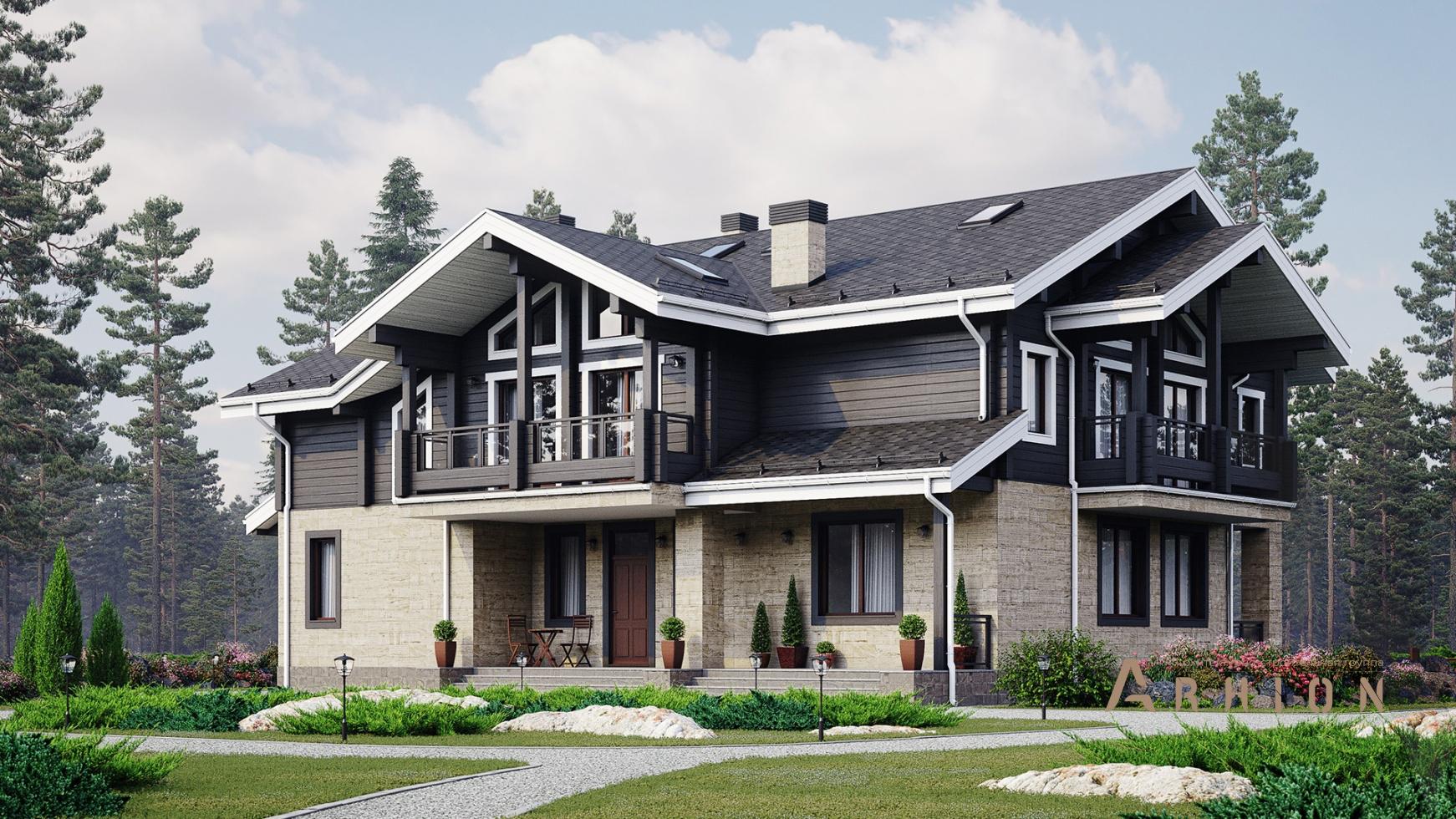 1. Проект двухэтажного дома в скандинавском стиле с многоскатной кровлей, M-376, площадью - 467 кв c цокольным этажом, мансардой, сауной, терассой, балконом, гаражом, бассейном