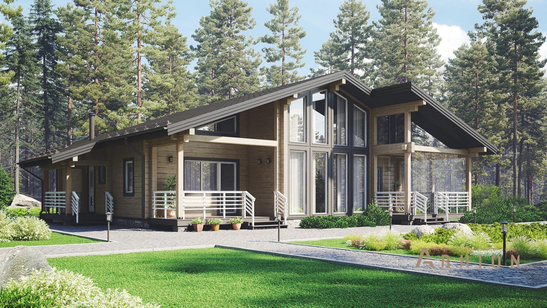 1. Проект одноэтажного дома в стиле шале с двускатной кровлей, m-379, площадью - 217 кв c мансардой, сауной, терассой