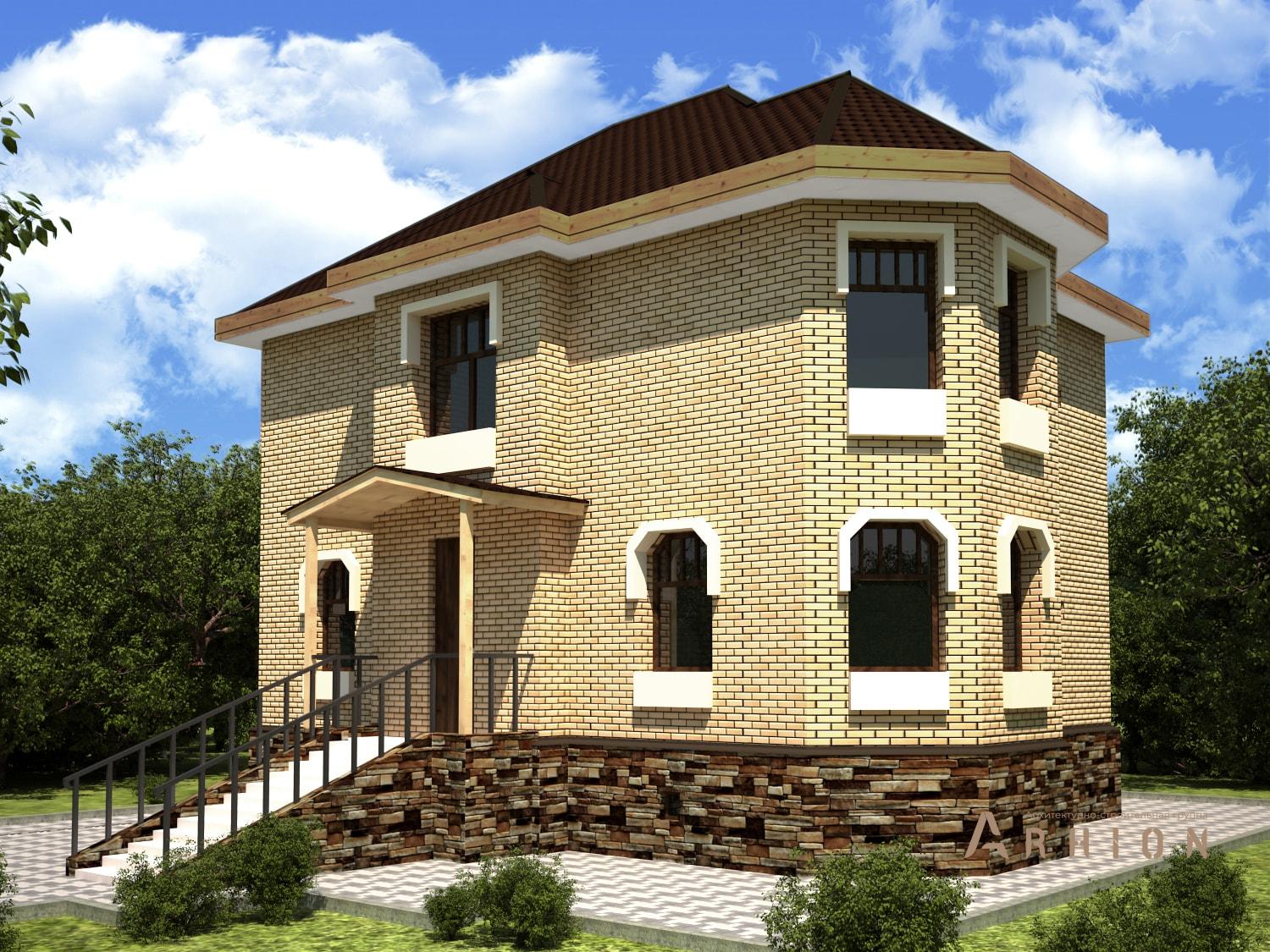 4. Проект двухэтажного дома в современном стиле с четырехскатной, M-38, площадью - 178 кв c цокольным этажом, эркером