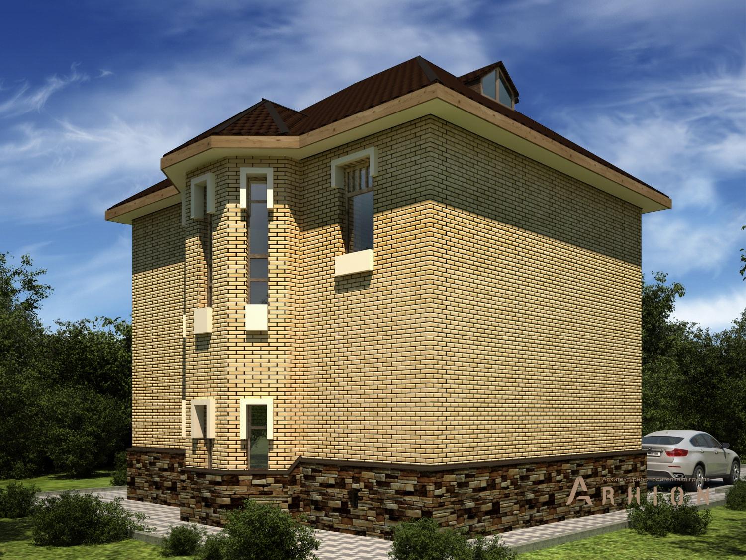 3. Проект двухэтажного дома в современном стиле с четырехскатной, M-38, площадью - 178 кв c цокольным этажом, эркером