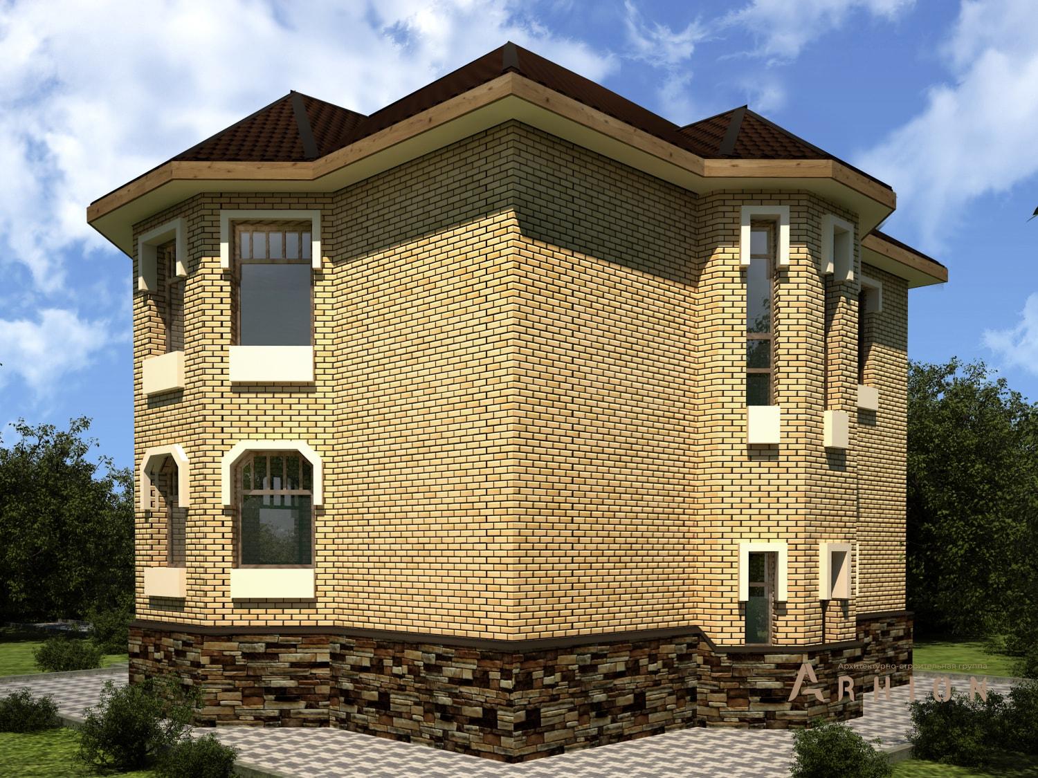 2. Проект двухэтажного дома в современном стиле с четырехскатной, M-38, площадью - 178 кв c цокольным этажом, эркером