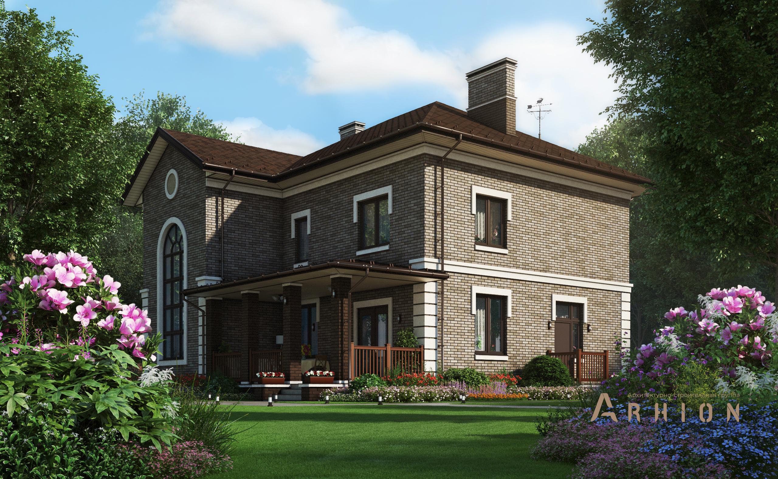 2. Проект двухэтажного дома в английском стиле с многоскатной кровлей, M-381, площадью - 233 кв c цокольным этажом, терассой