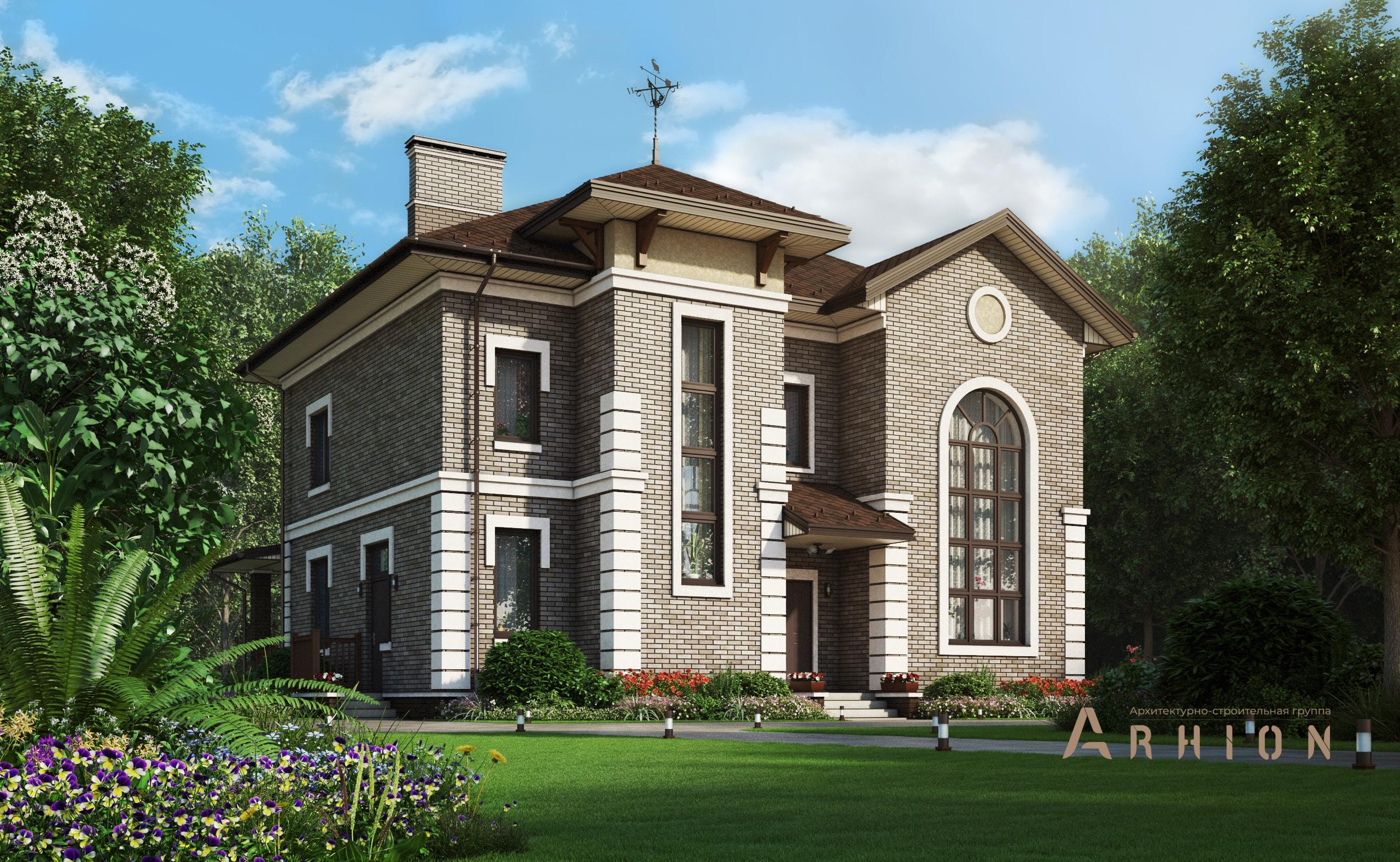 1. Проект двухэтажного дома в английском стиле с многоскатной кровлей, M-381, площадью - 233 кв c цокольным этажом, терассой