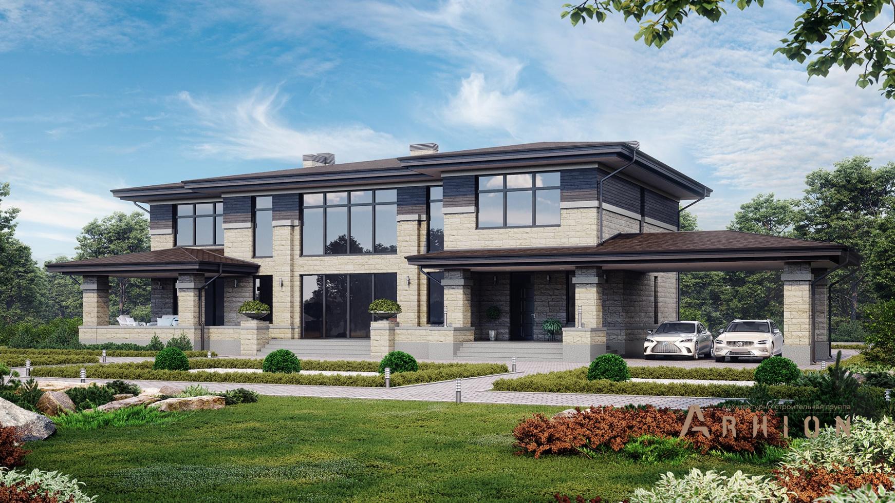 1. Проект двухэтажного дома в стиле Ллойда Райта (прерий) с многоскатной кровлей, M-382, площадью - 329 кв c сауной, терассой, вторым светом