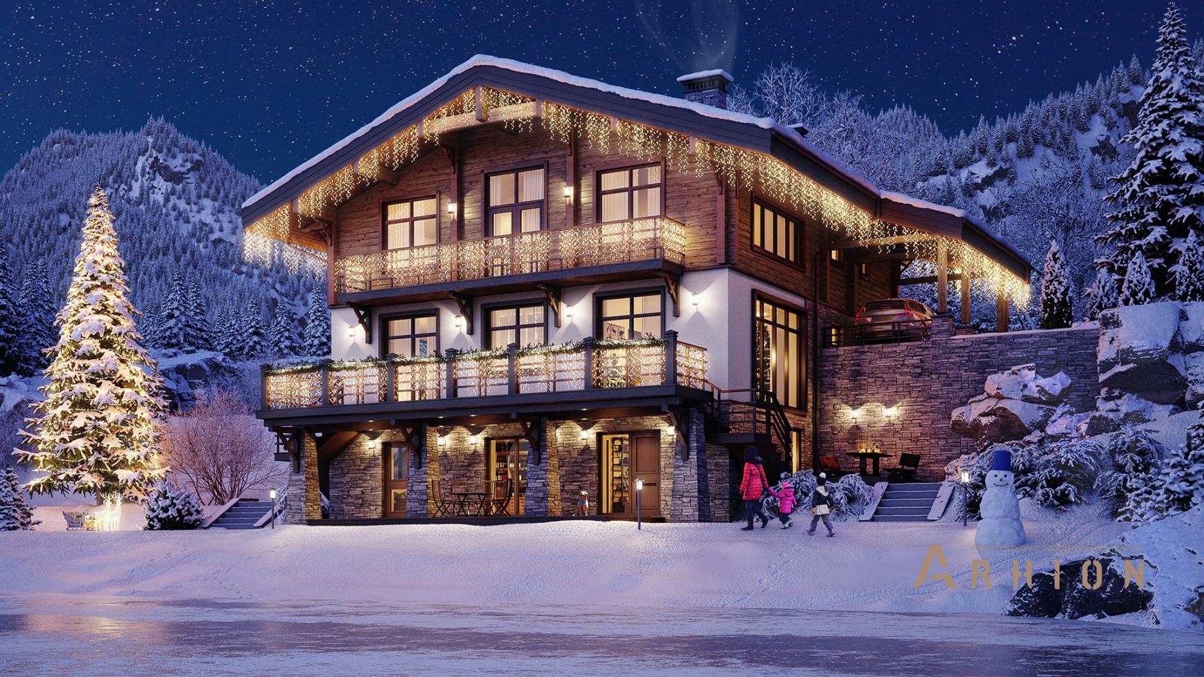 2. Проект двухэтажного дома в стиле шале с двускатной кровлей, m-384, площадью - 347 кв c мансардой, сауной, терассой, балконом