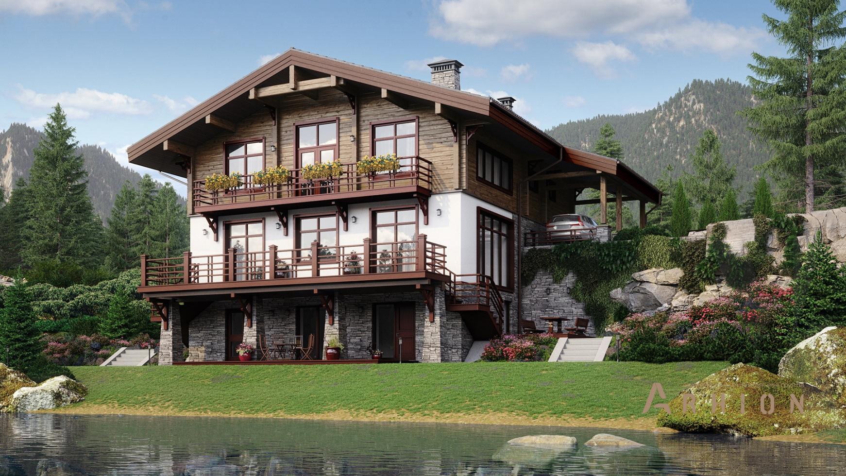 1. Проект двухэтажного дома в стиле шале с двускатной кровлей, m-384, площадью - 347 кв c мансардой, сауной, терассой, балконом