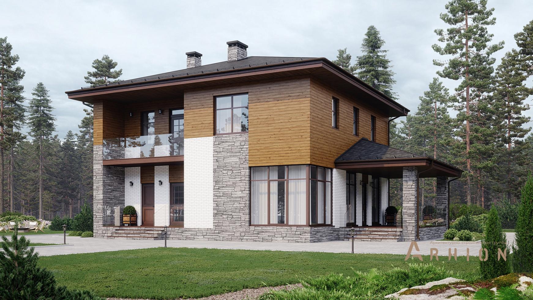 1. Проект двухэтажного дома в современном стиле с четырехскатной, m-385, площадью - 205 кв c терассой, балконом