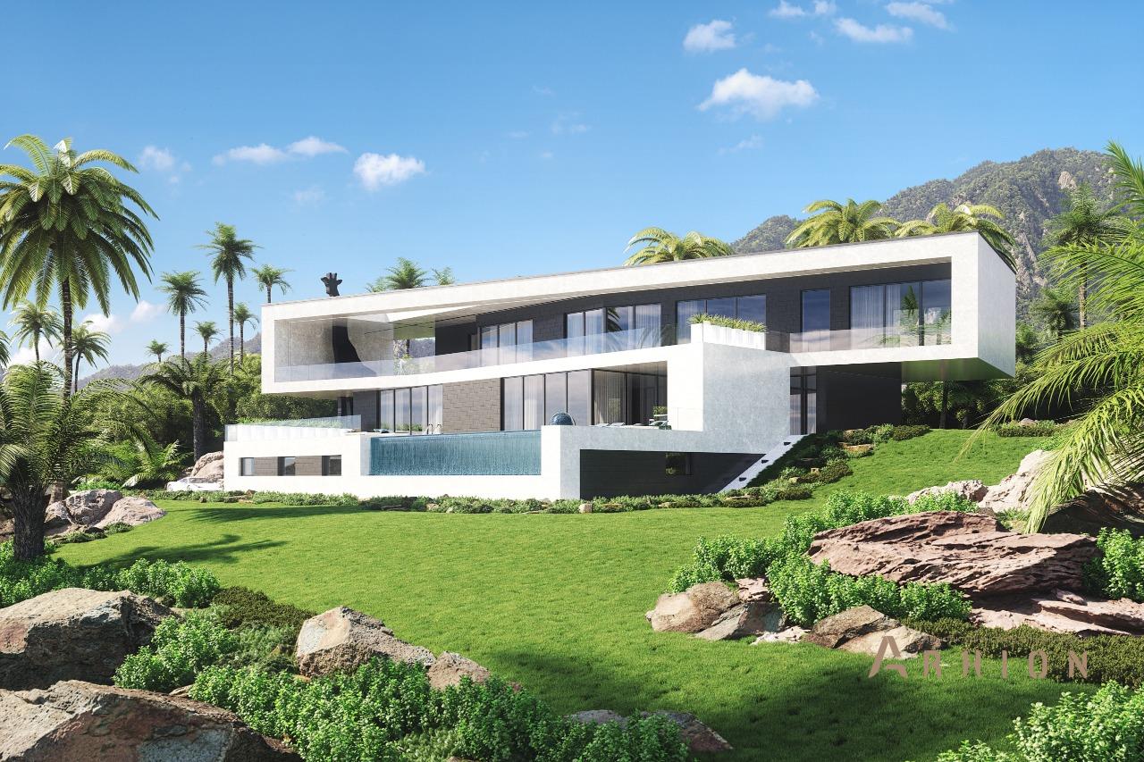 1. Проект двухэтажного дома в стиле минимализм с плоской кровлей , m-386, площадью - 679 кв c цокольным этажом, сауной, терассой, балконом, гаражом, бассейном, вторым светом