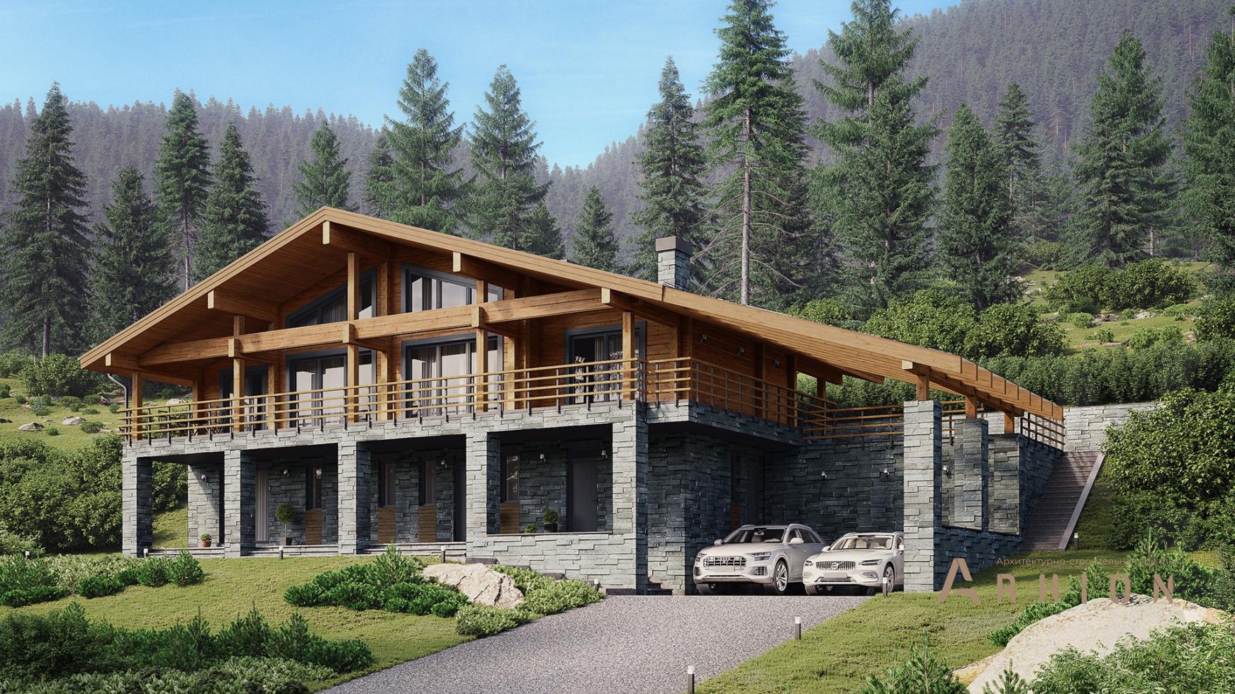 1. Проект одноэтажного дома в стиле шале с двускатной кровлей, m-388, площадью - 266 кв c цокольным этажом, сауной, терассой, гаражом