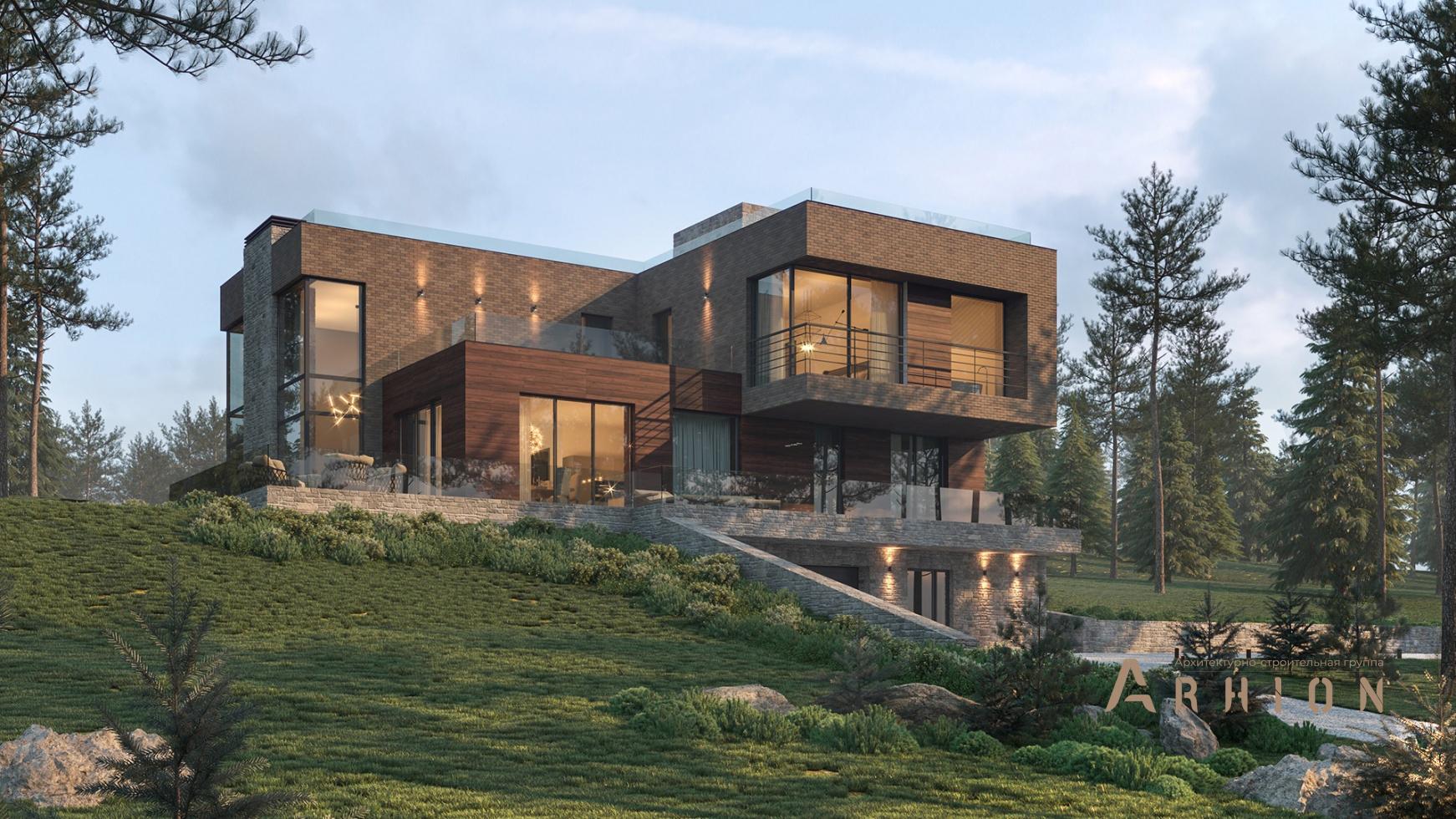 1. Проект двухэтажного дома в стиле лофт с плоской кровлей , m-394, площадью - 379 кв c цокольным этажом, терассой, гаражом, эркером, вторым светом