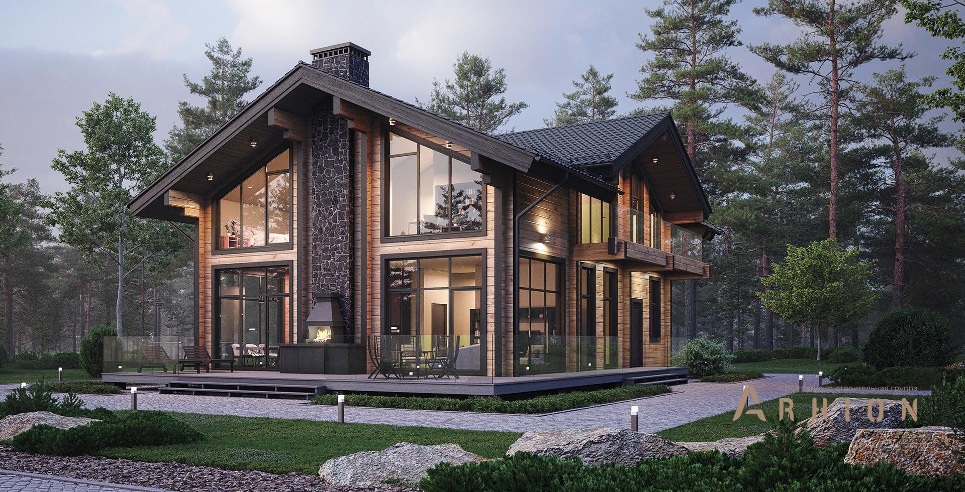 1. Проект одноэтажного дома в скандинавском стиле с многоскатной кровлей, m-397, площадью - 212 кв c мансардой, терассой, балконом, вторым светом