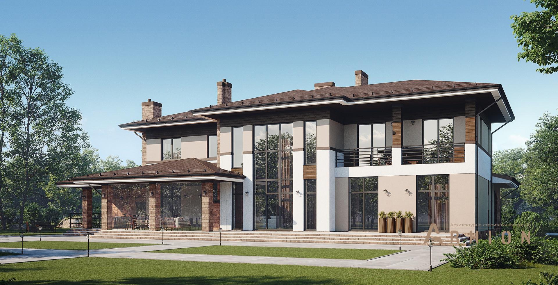 1. Проект двухэтажного дома в стиле Ллойда Райта (прерий) с четырехскатной, m-399, площадью - 422 кв c сауной, терассой, балконом, гаражом, вторым светом