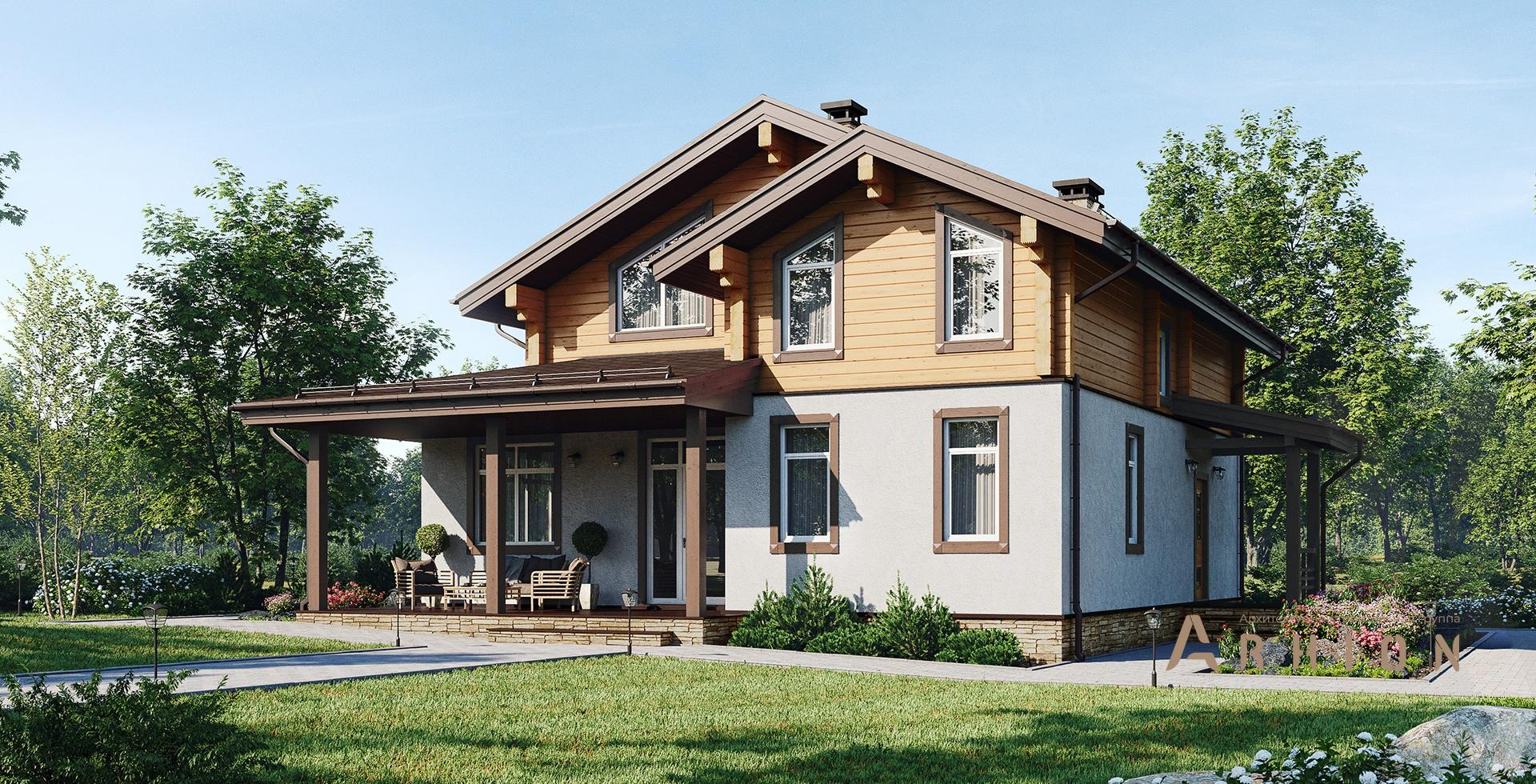 1. Проект одноэтажного дома в скандинавском стиле с двускатной кровлей, m-400, площадью - 171 кв c мансардой, терассой, гаражом