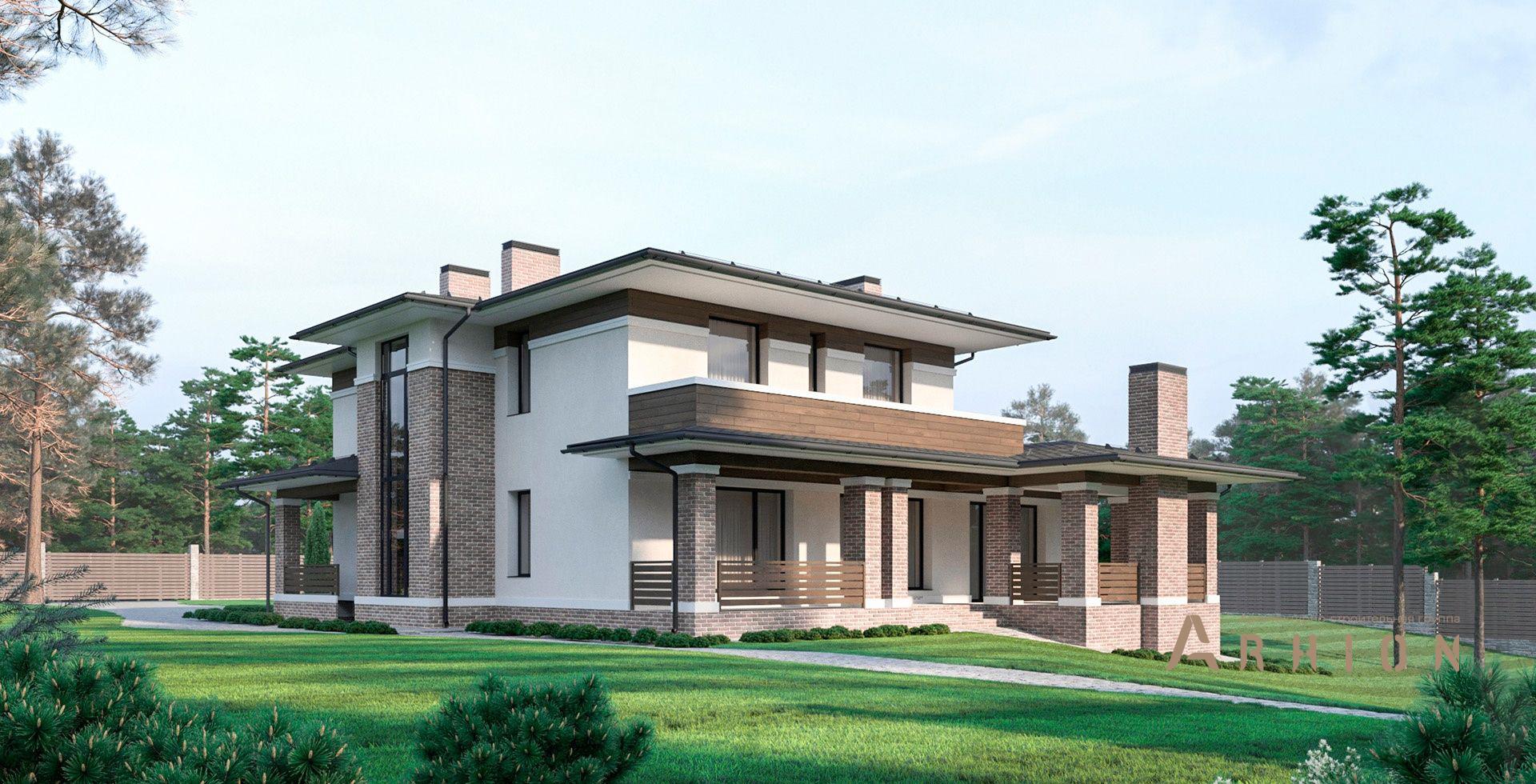 2. Проект двухэтажного дома в стиле Ллойда Райта (прерий) с многоскатной кровлей, m-401, площадью - 351 кв c цокольным этажом, терассой, балконом, гаражом