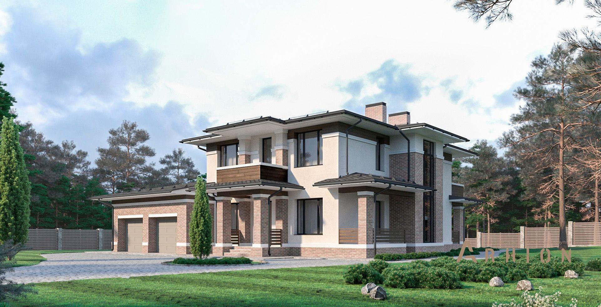 1. Проект двухэтажного дома в стиле Ллойда Райта (прерий) с многоскатной кровлей, m-401, площадью - 351 кв c цокольным этажом, терассой, балконом, гаражом