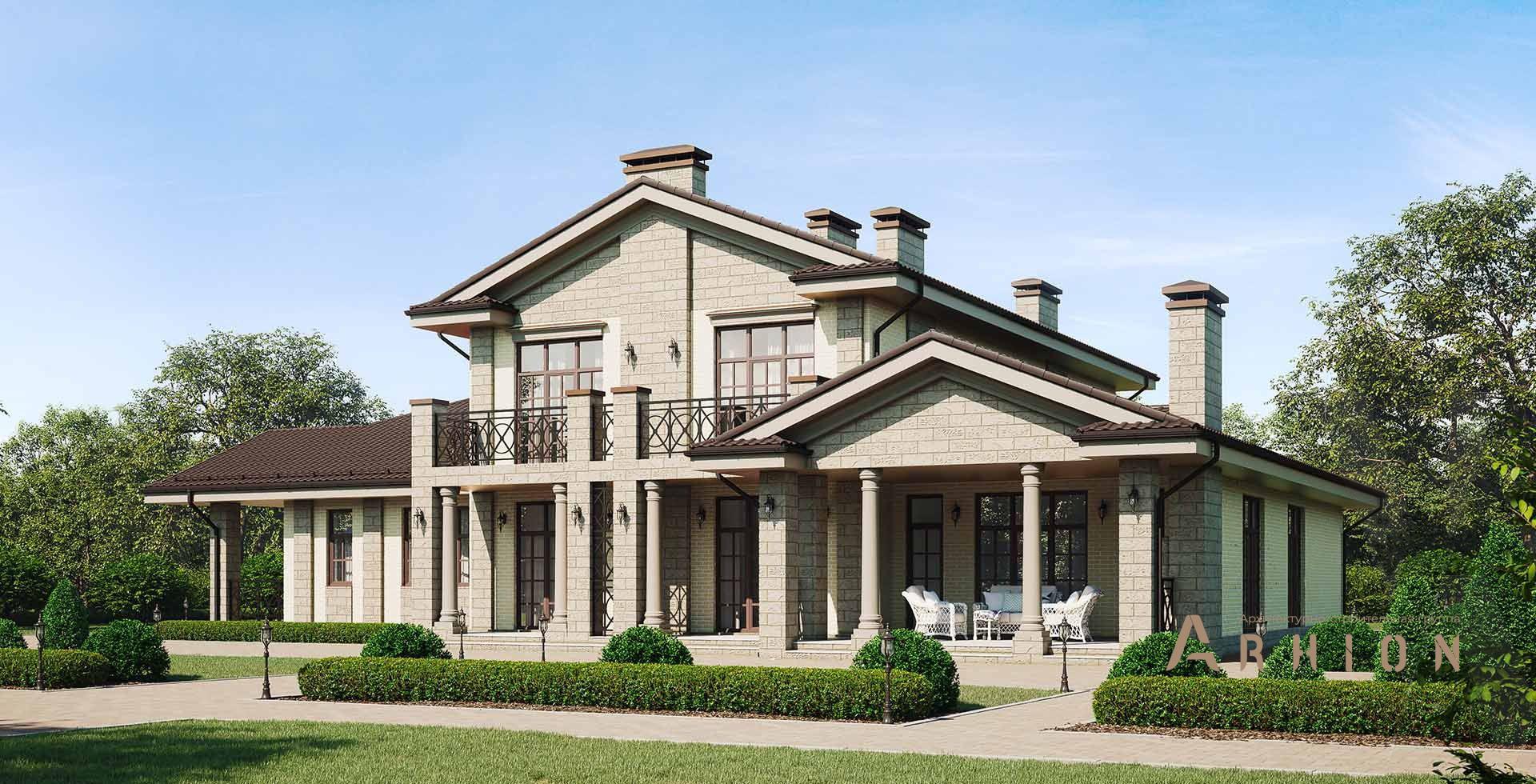 1. Проект двухэтажного дома в классическом стиле с многоскатной кровлей, m-403, площадью - 460 кв c цокольным этажом, сауной, терассой, гаражом