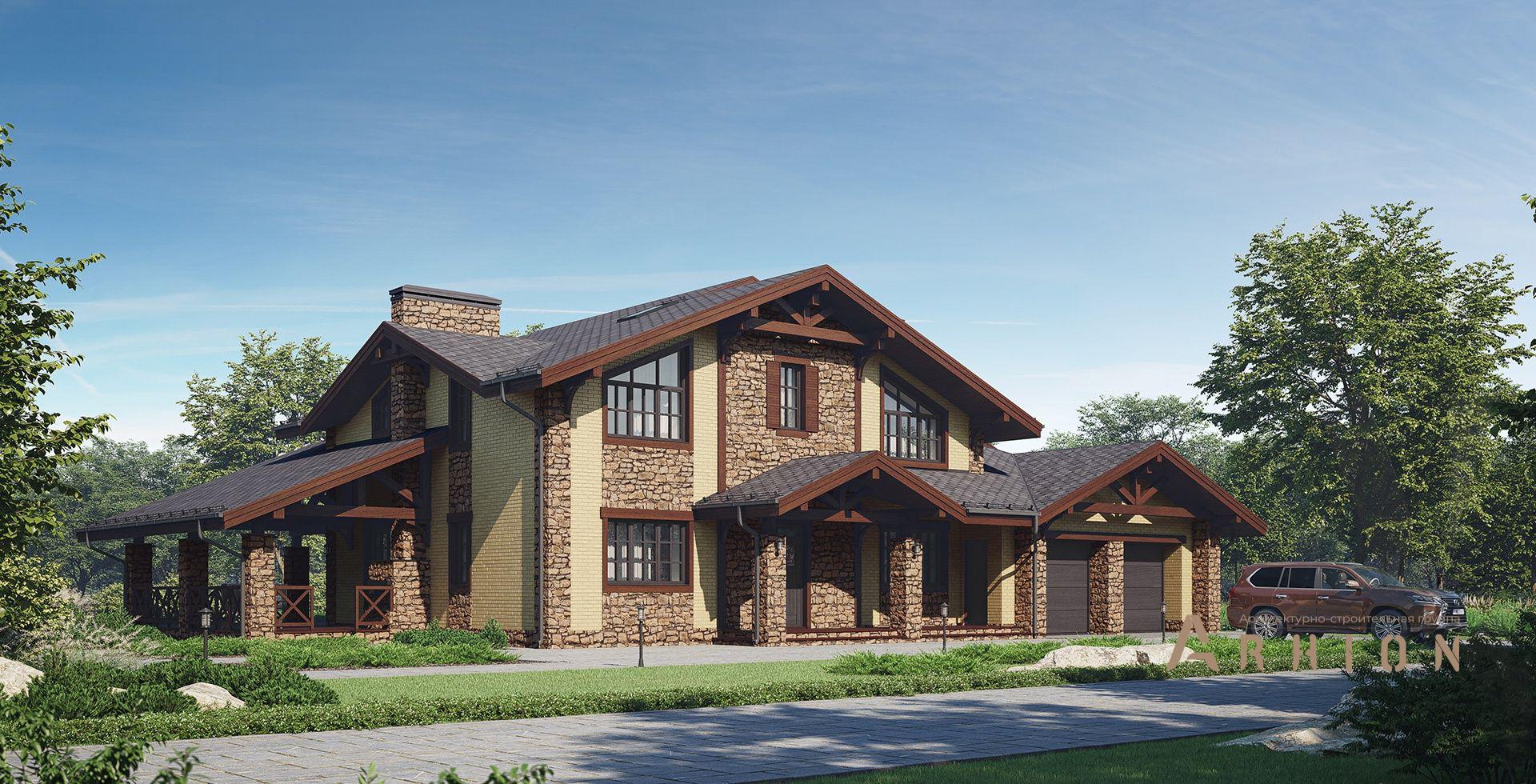 2. Проект двухэтажного дома в скандинавском стиле с двускатной кровлей, m-404, площадью - 317 кв c терассой, гаражом