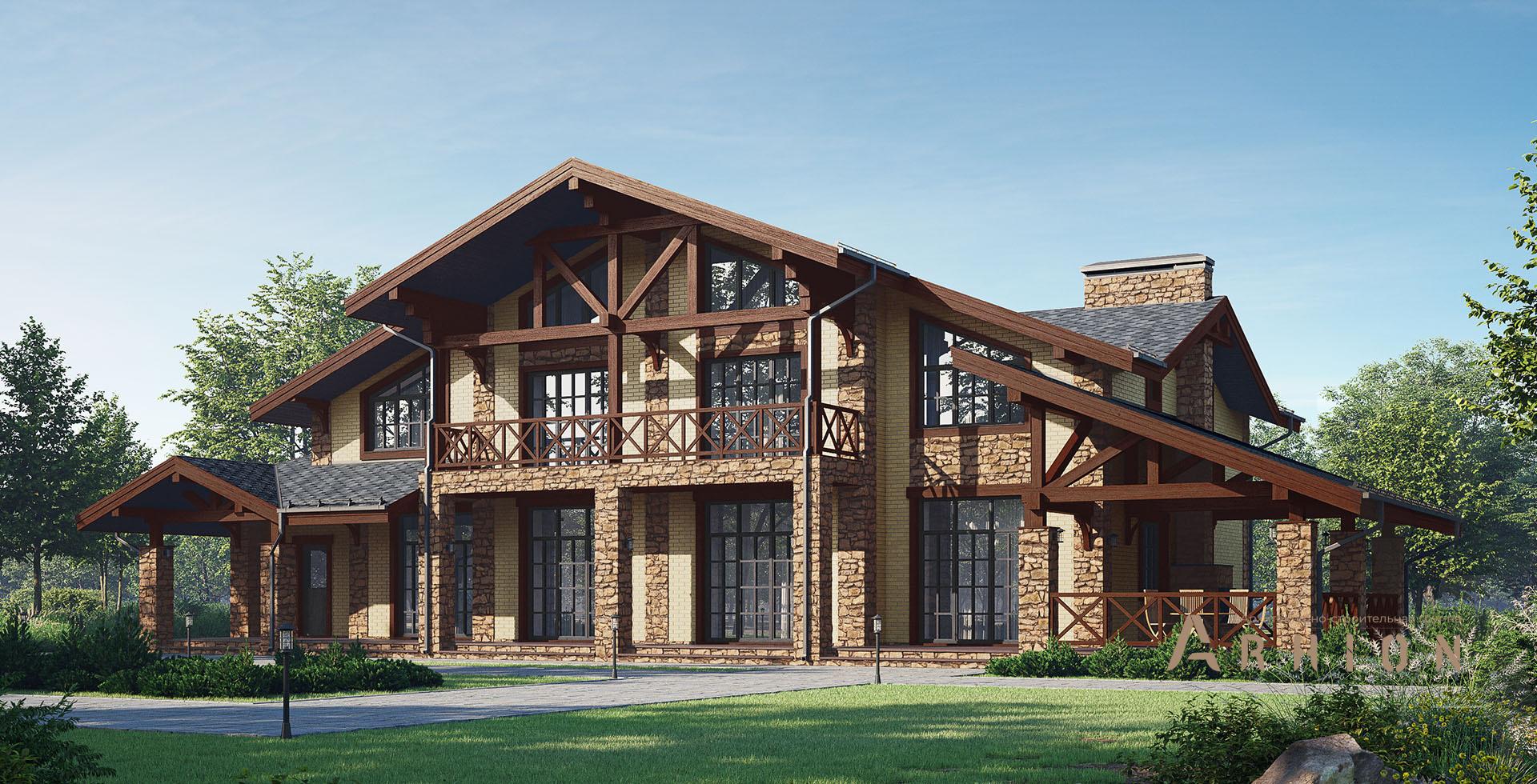 1. Проект двухэтажного дома в скандинавском стиле с двускатной кровлей, m-404, площадью - 317 кв c терассой, гаражом