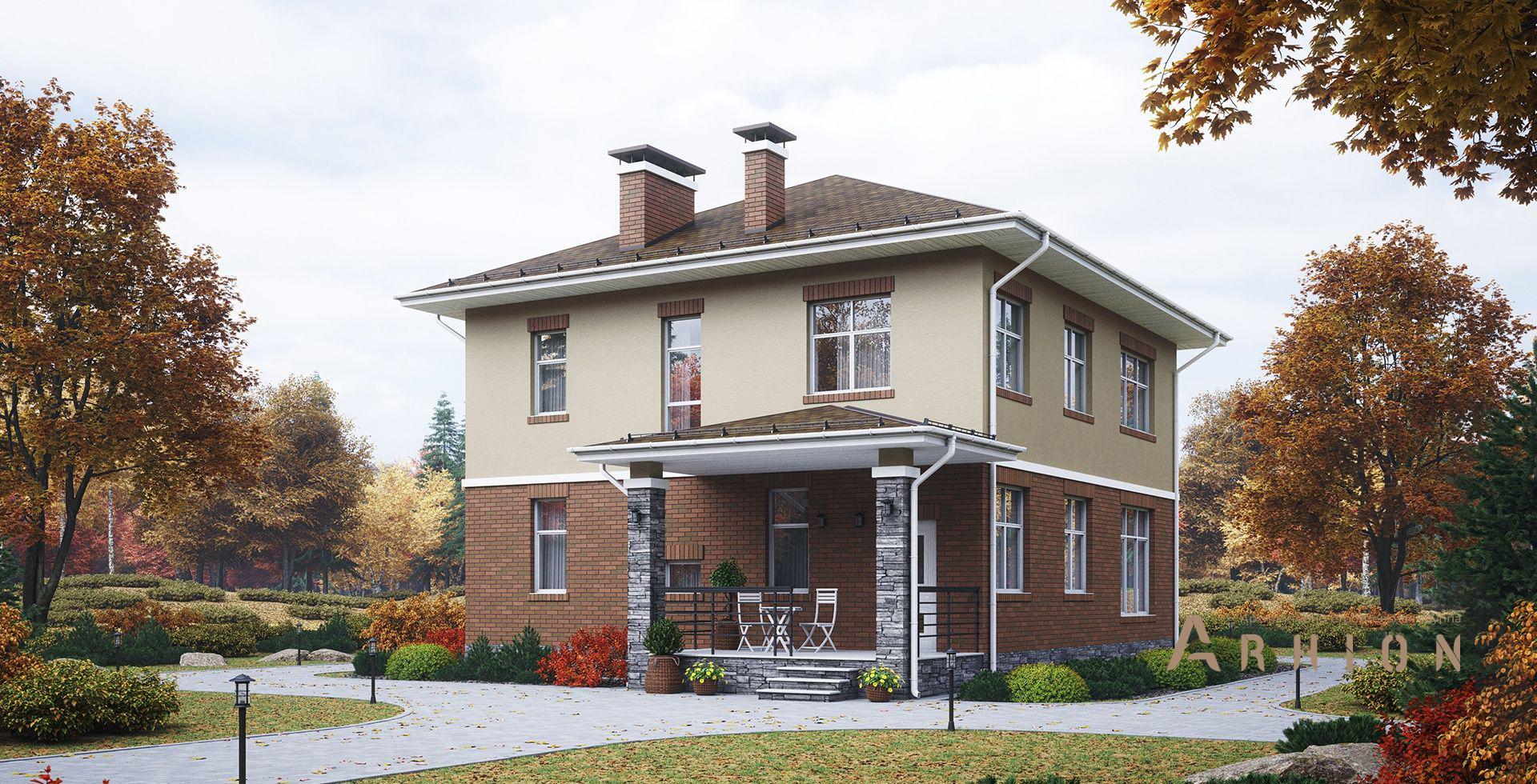 1. Проект двухэтажного дома в европейском стиле с четырехскатной, m-406, площадью - 174 кв c терассой, балконом, гаражом