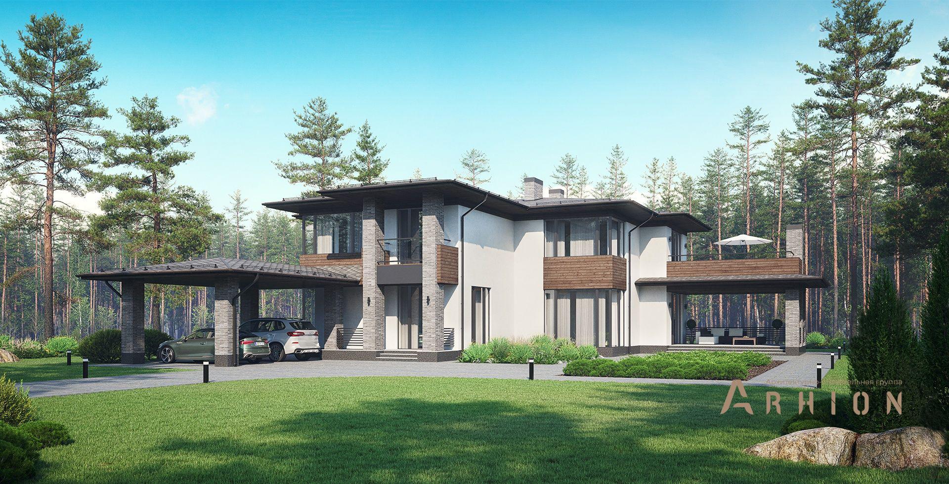 2. Проект двухэтажного дома в стиле Ллойда Райта (прерий) с многоскатной кровлей, m-407, площадью - 290 кв c сауной, терассой, балконом, гаражом