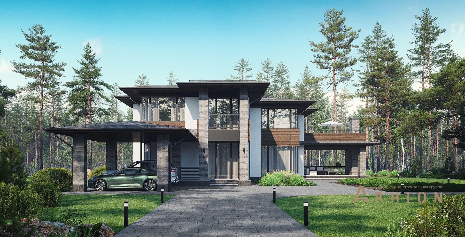 1. Проект двухэтажного дома в стиле Ллойда Райта (прерий) с многоскатной кровлей, m-407, площадью - 290 кв c сауной, терассой, балконом, гаражом