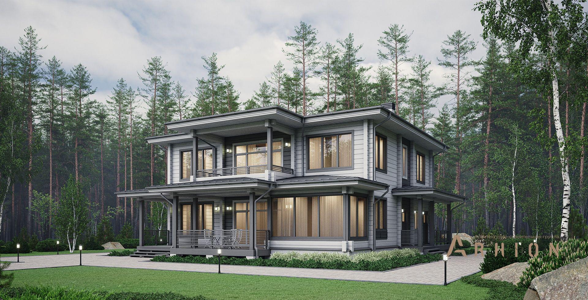 1. Проект двухэтажного дома в скандинавском стиле с многоскатной кровлей, m-408, площадью - 264 кв c сауной, терассой, балконом