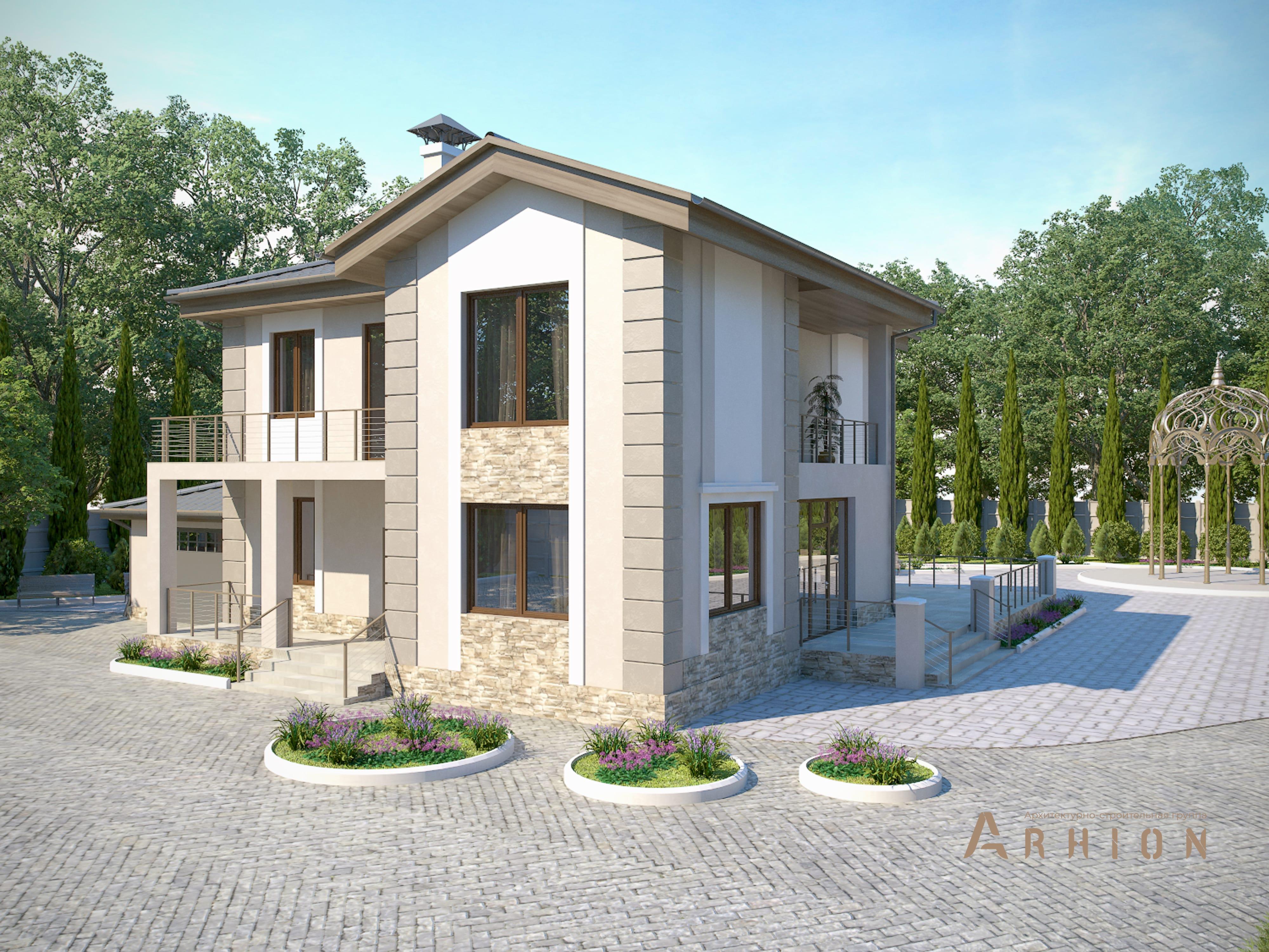 6. Проект двухэтажного дома в английском стиле с многоскатной кровлей, M-43, площадью - 342 кв c цокольным этажом, сауной, терассой, балконом, гаражом