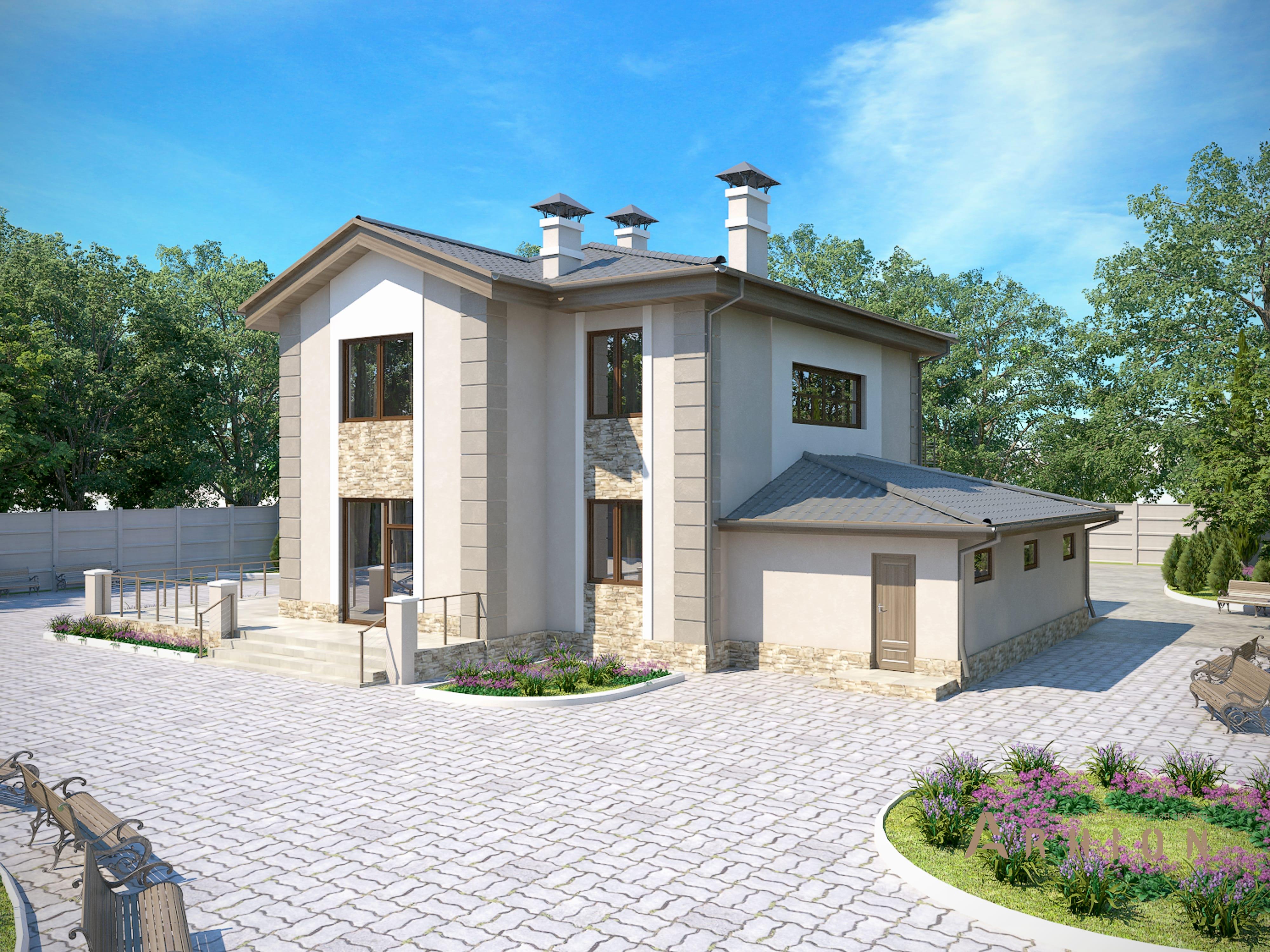 5. Проект двухэтажного дома в английском стиле с многоскатной кровлей, M-43, площадью - 342 кв c цокольным этажом, сауной, терассой, балконом, гаражом