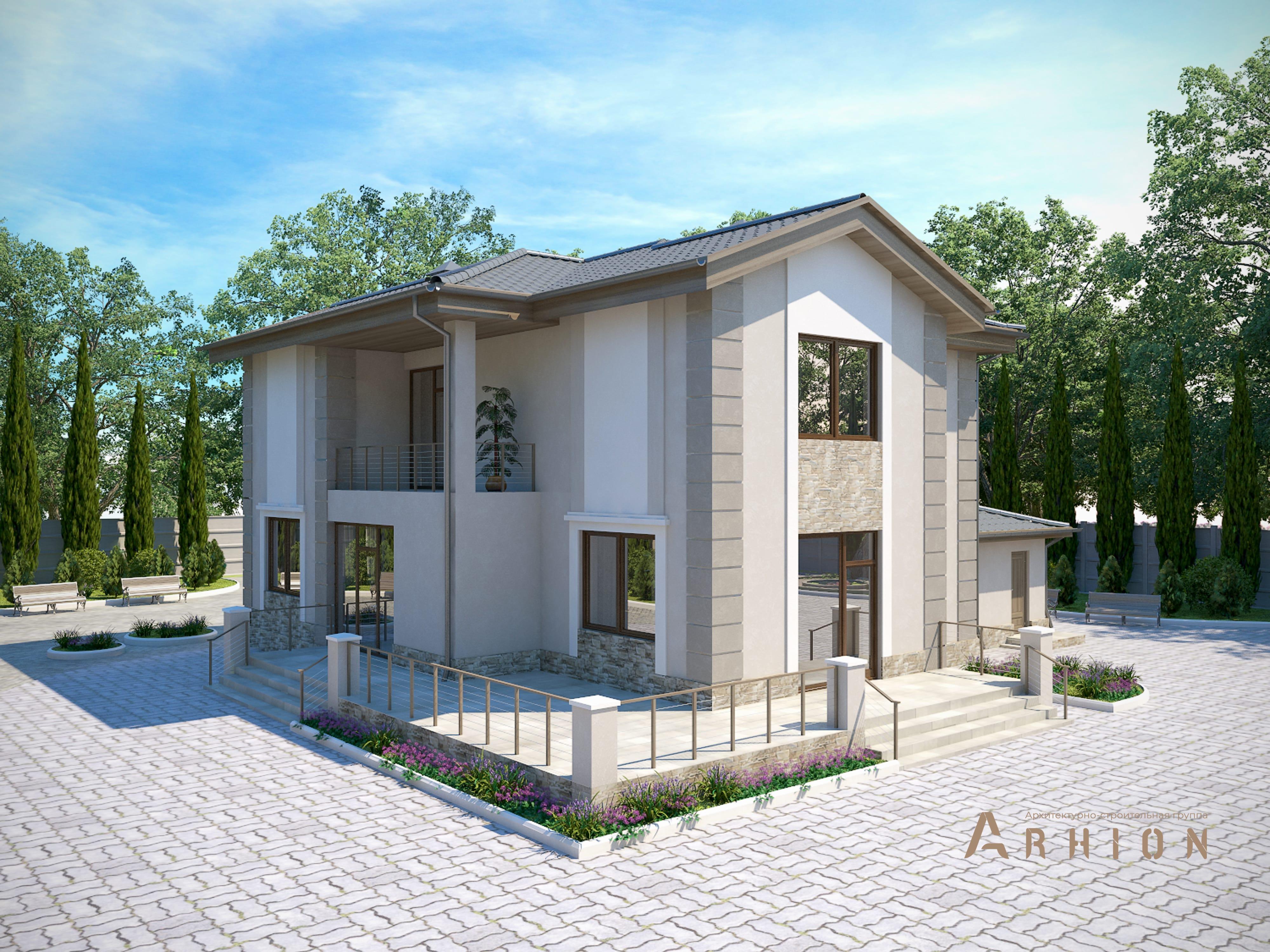 4. Проект двухэтажного дома в английском стиле с многоскатной кровлей, M-43, площадью - 342 кв c цокольным этажом, сауной, терассой, балконом, гаражом