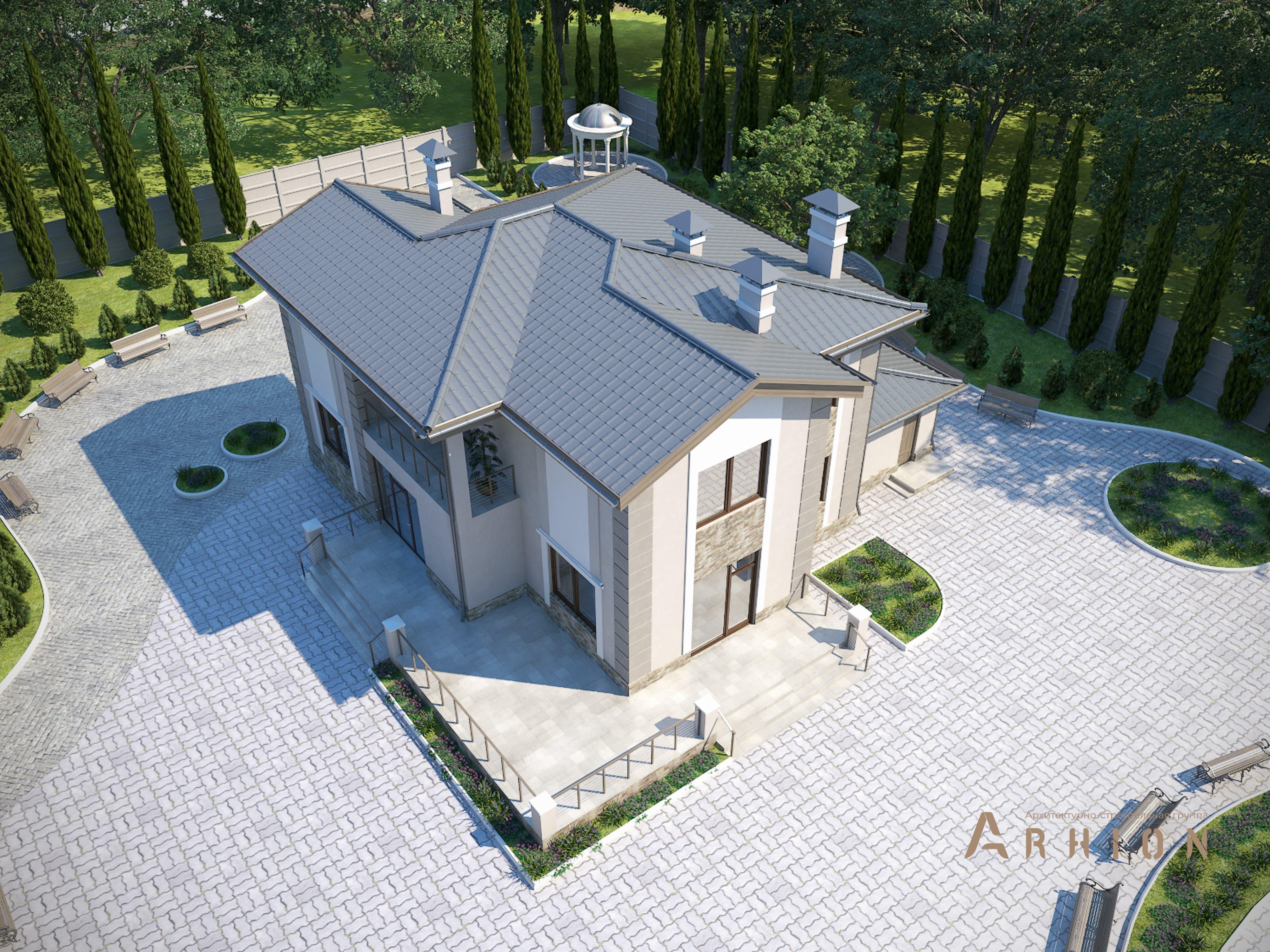 3. Проект двухэтажного дома в английском стиле с многоскатной кровлей, M-43, площадью - 342 кв c цокольным этажом, сауной, терассой, балконом, гаражом