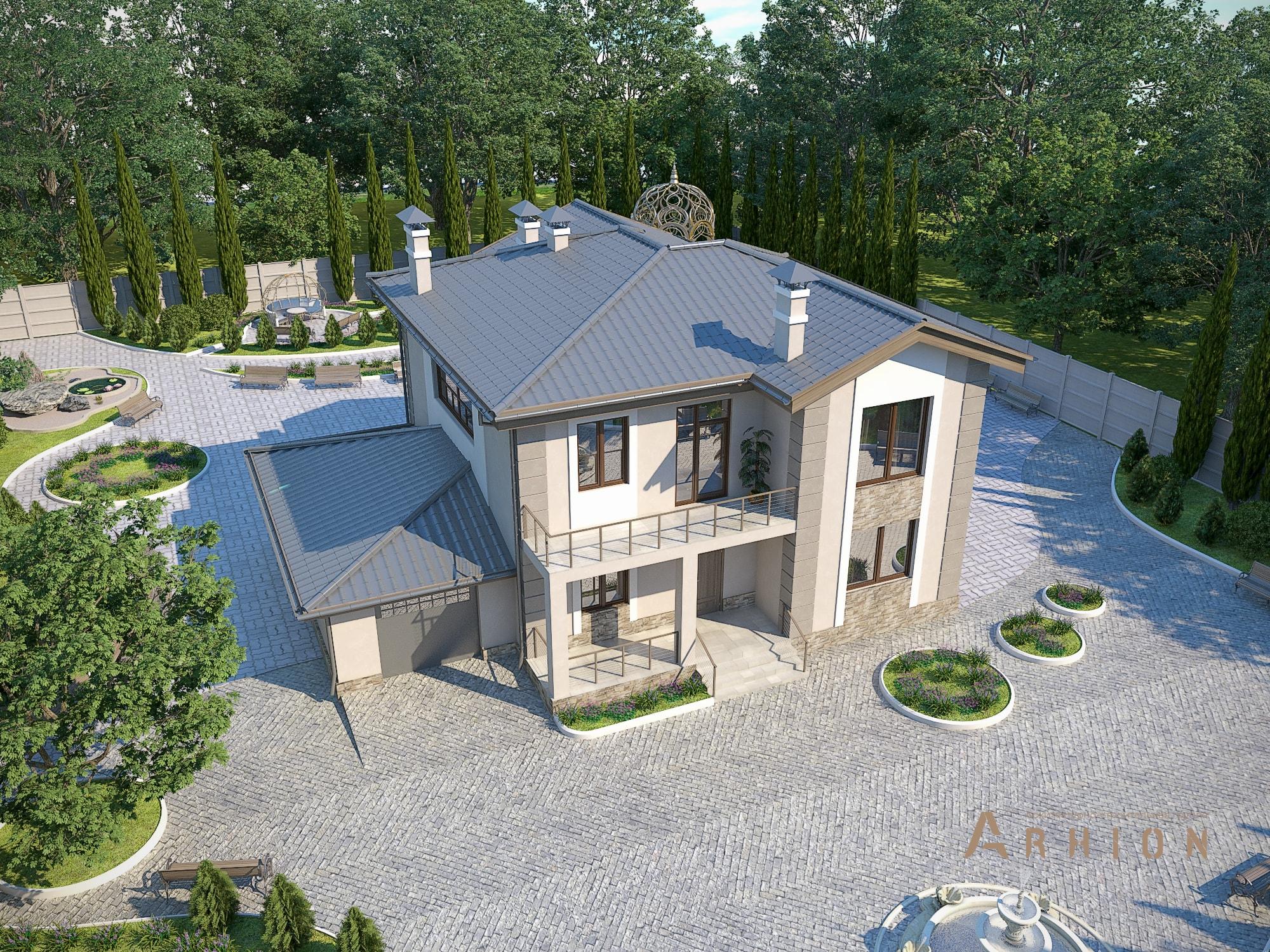 2. Проект двухэтажного дома в английском стиле с многоскатной кровлей, M-43, площадью - 342 кв c цокольным этажом, сауной, терассой, балконом, гаражом