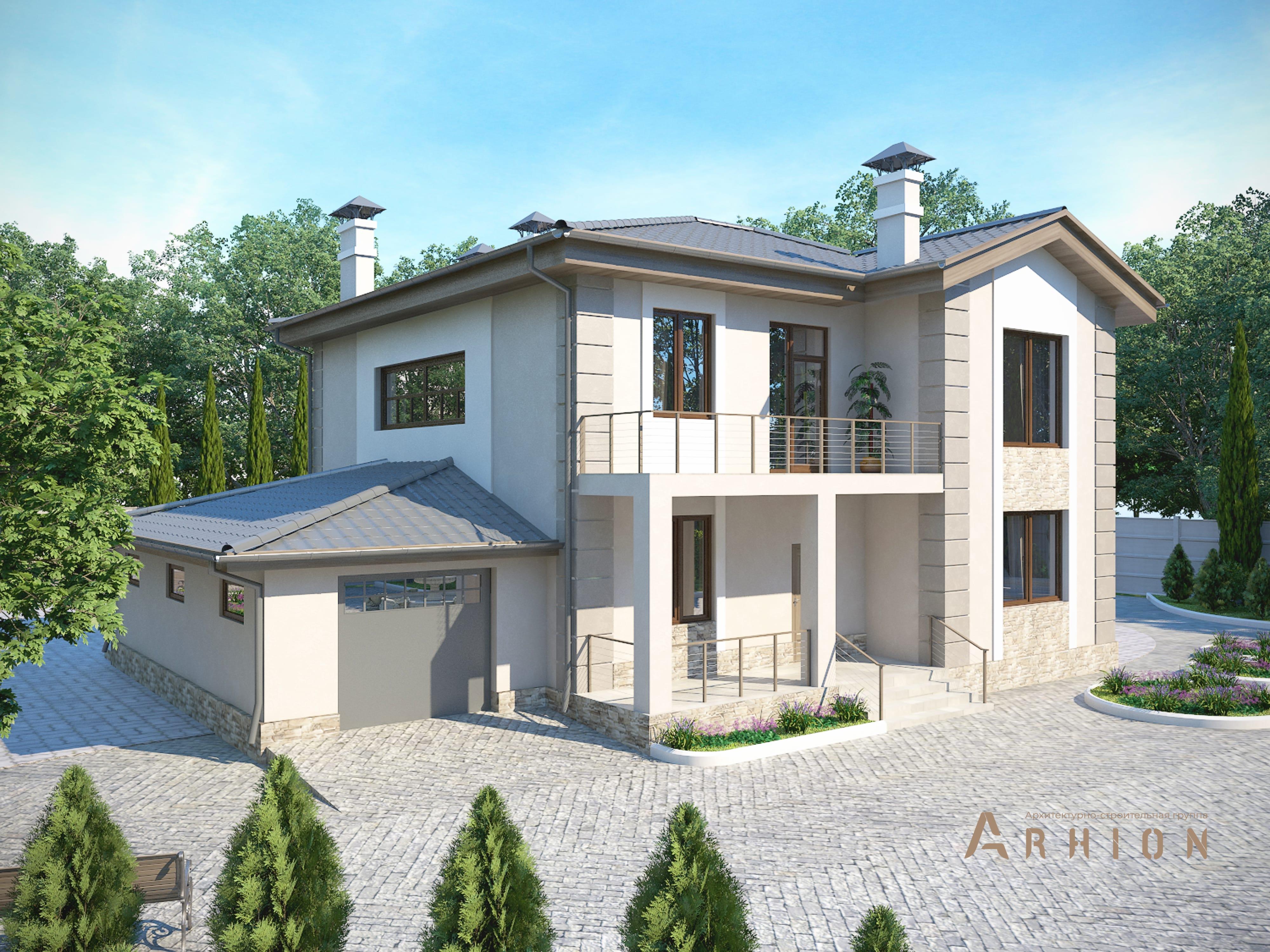 1. Проект двухэтажного дома в английском стиле с многоскатной кровлей, M-43, площадью - 342 кв c цокольным этажом, сауной, терассой, балконом, гаражом