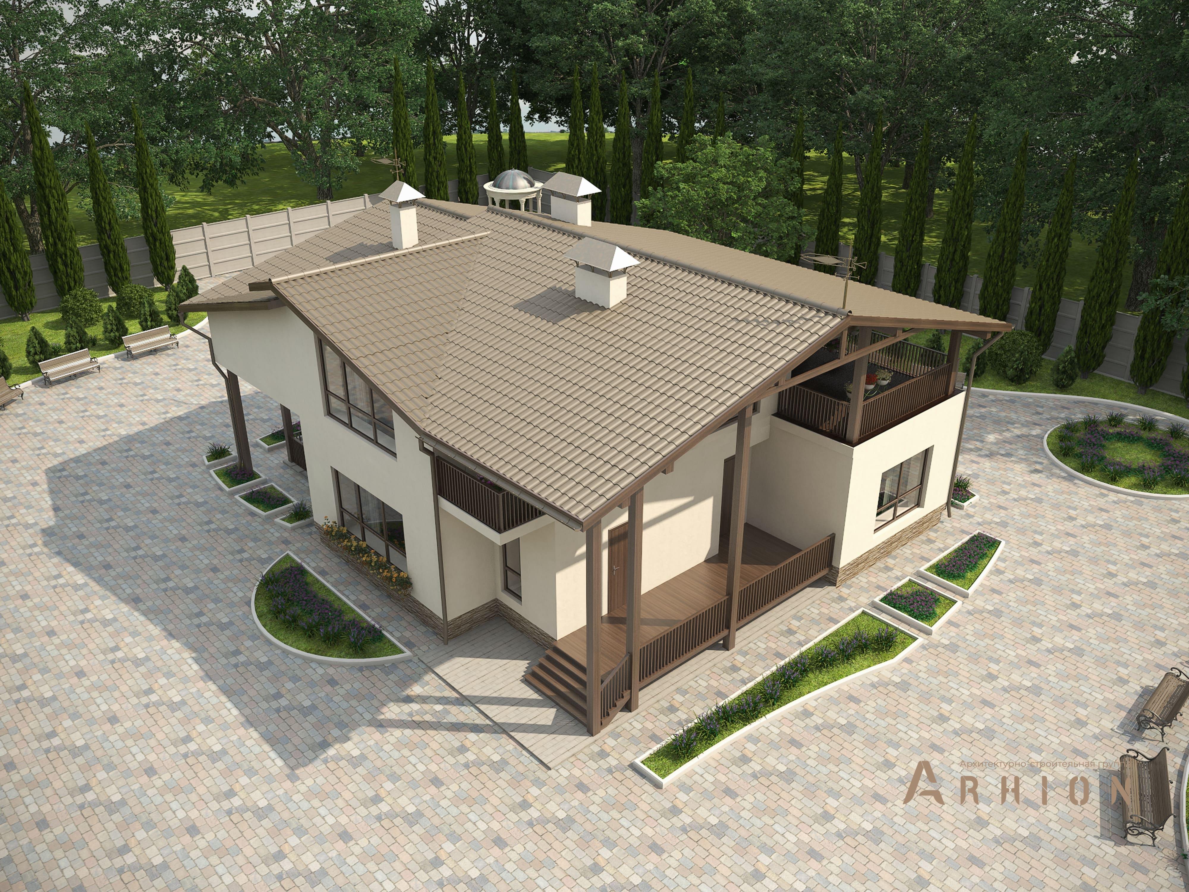 6. Проект одноэтажного дома в стиле шале с двускатной кровлей, M-50, площадью - 287 кв c мансардой, сауной, терассой, балконом