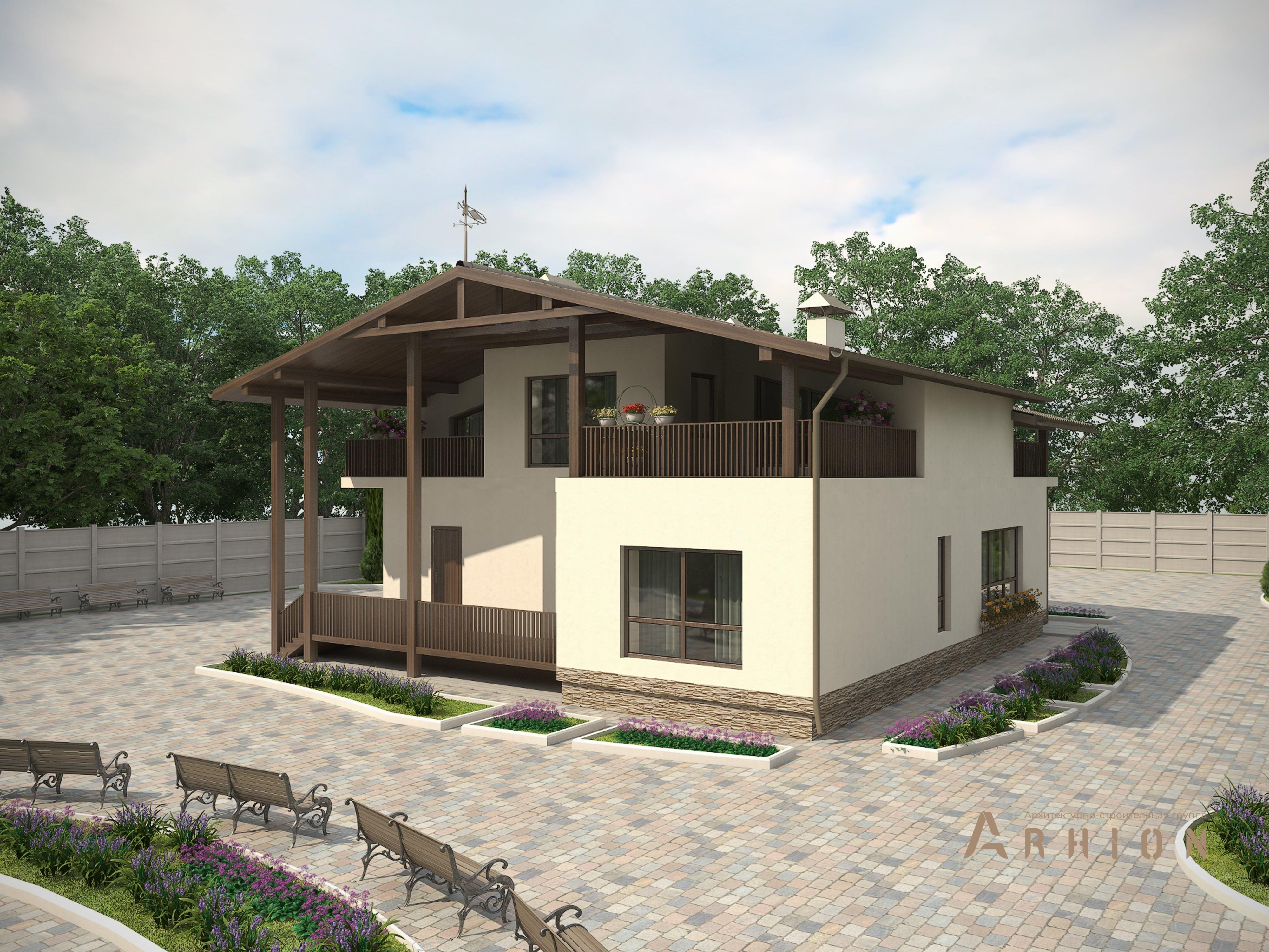 4. Проект одноэтажного дома в стиле шале с двускатной кровлей, M-50, площадью - 287 кв c мансардой, сауной, терассой, балконом