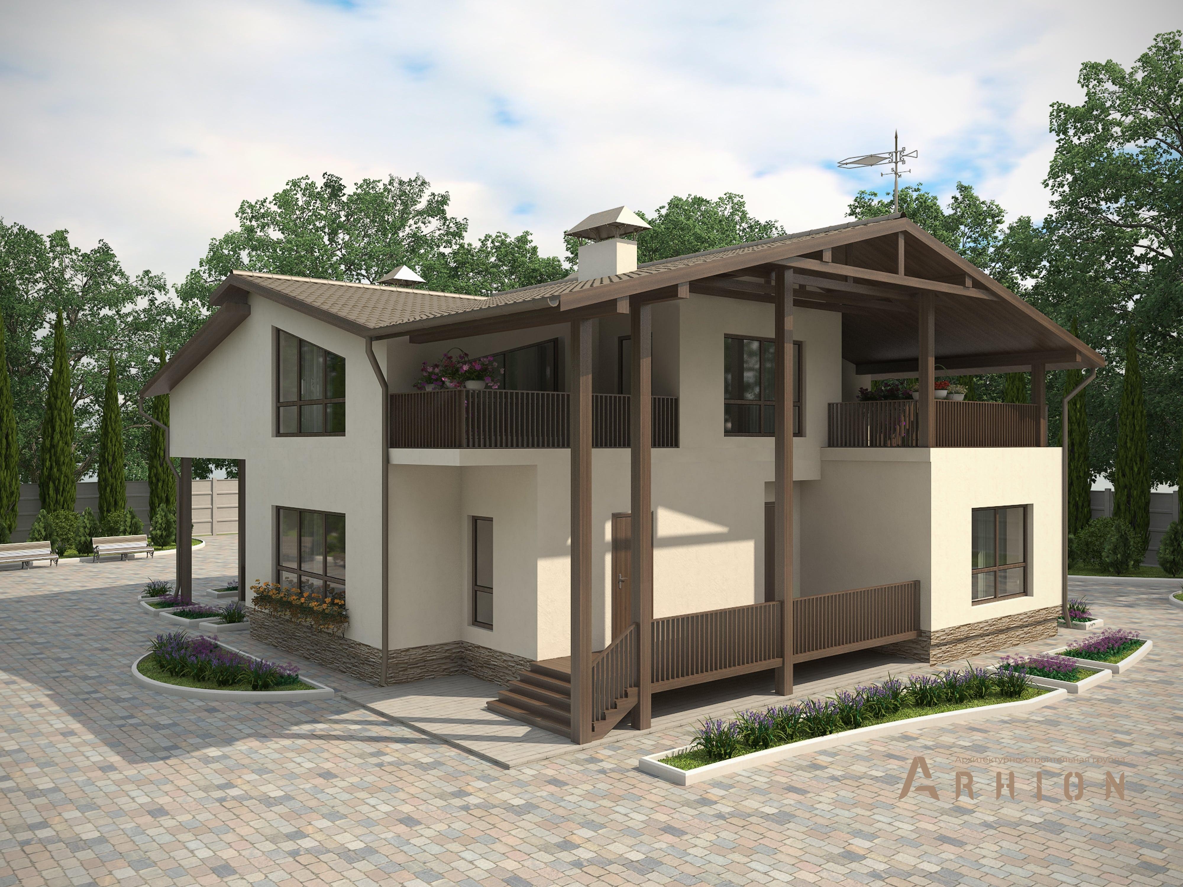 3. Проект одноэтажного дома в стиле шале с двускатной кровлей, M-50, площадью - 287 кв c мансардой, сауной, терассой, балконом