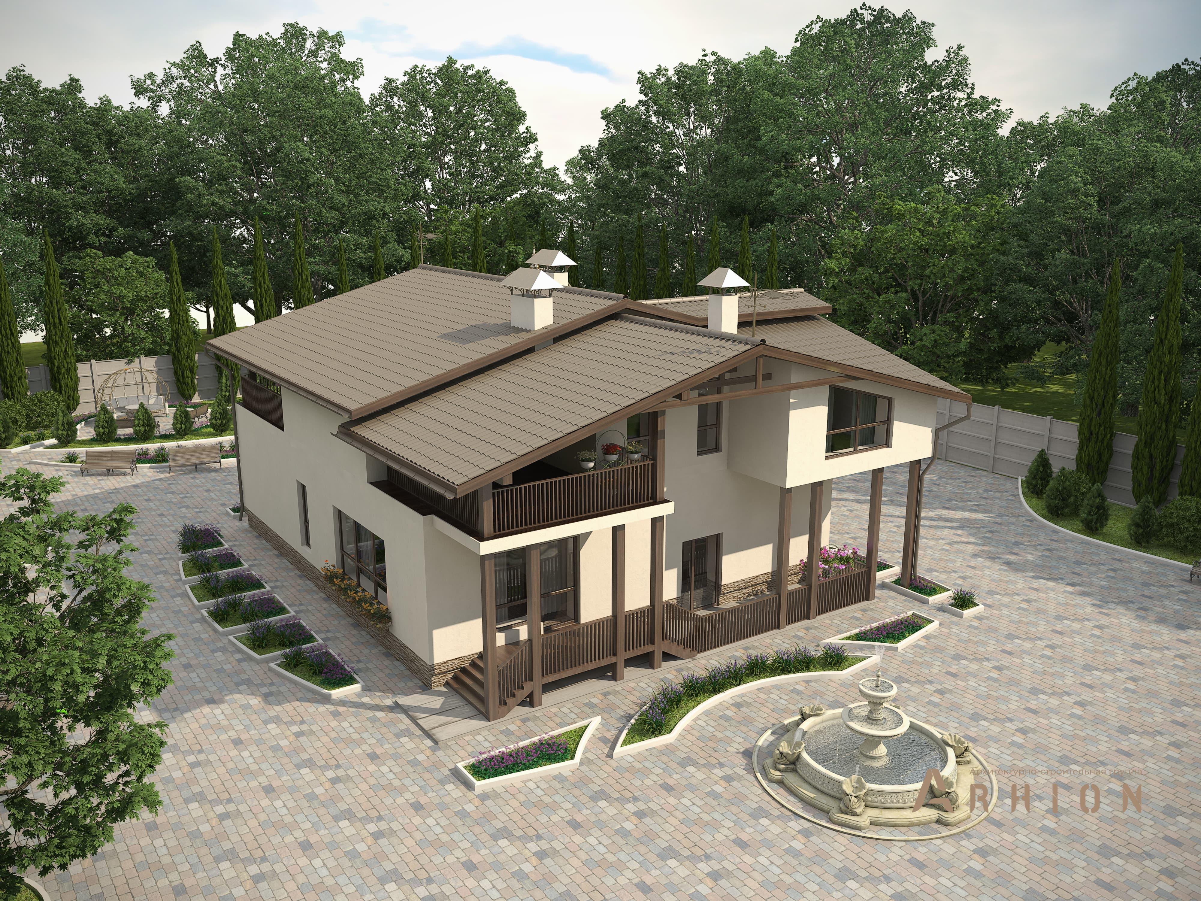 2. Проект одноэтажного дома в стиле шале с двускатной кровлей, M-50, площадью - 287 кв c мансардой, сауной, терассой, балконом